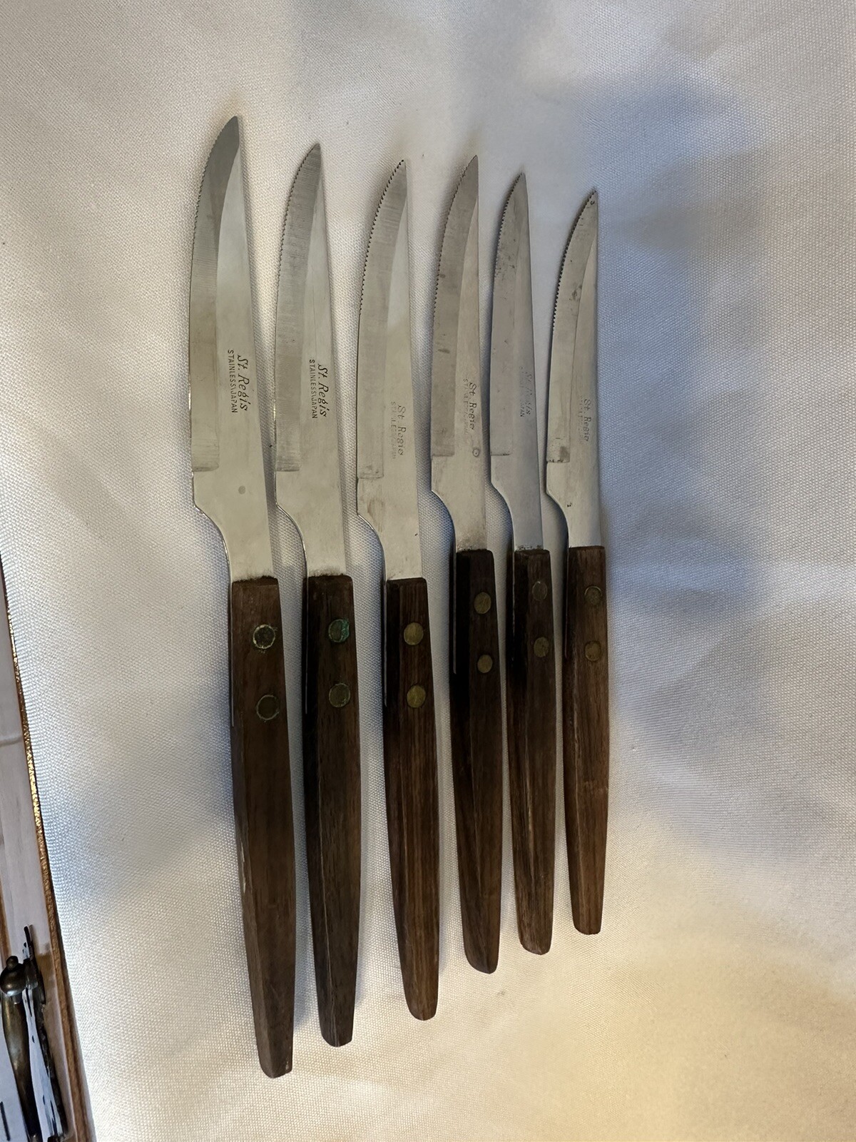 6 Vintage St. Regis Stainless Steak Knives  with Wooden Handles.
