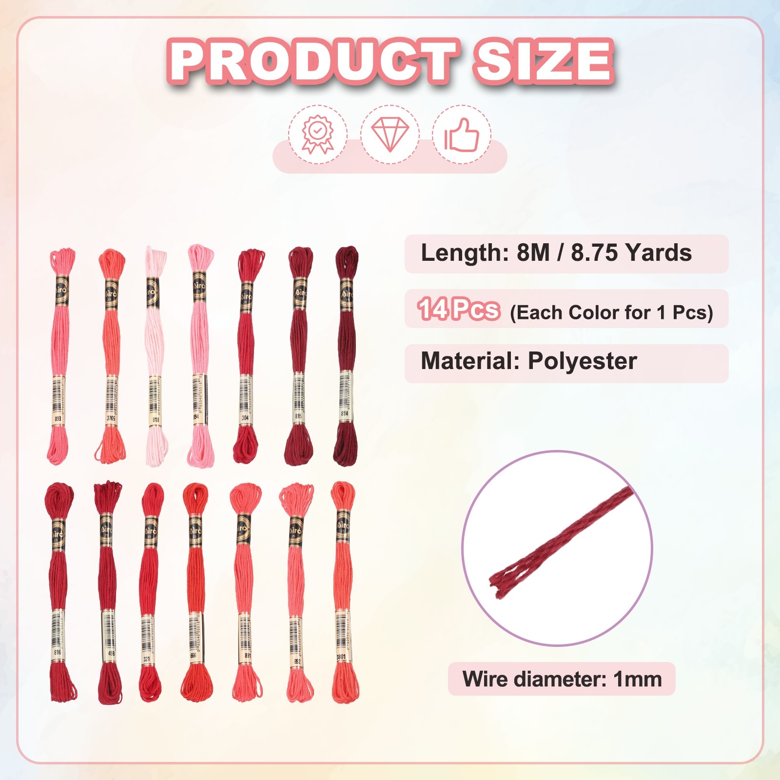 14 Skeins Embroidery Floss, Polyester Threads Multicolored Dark Red