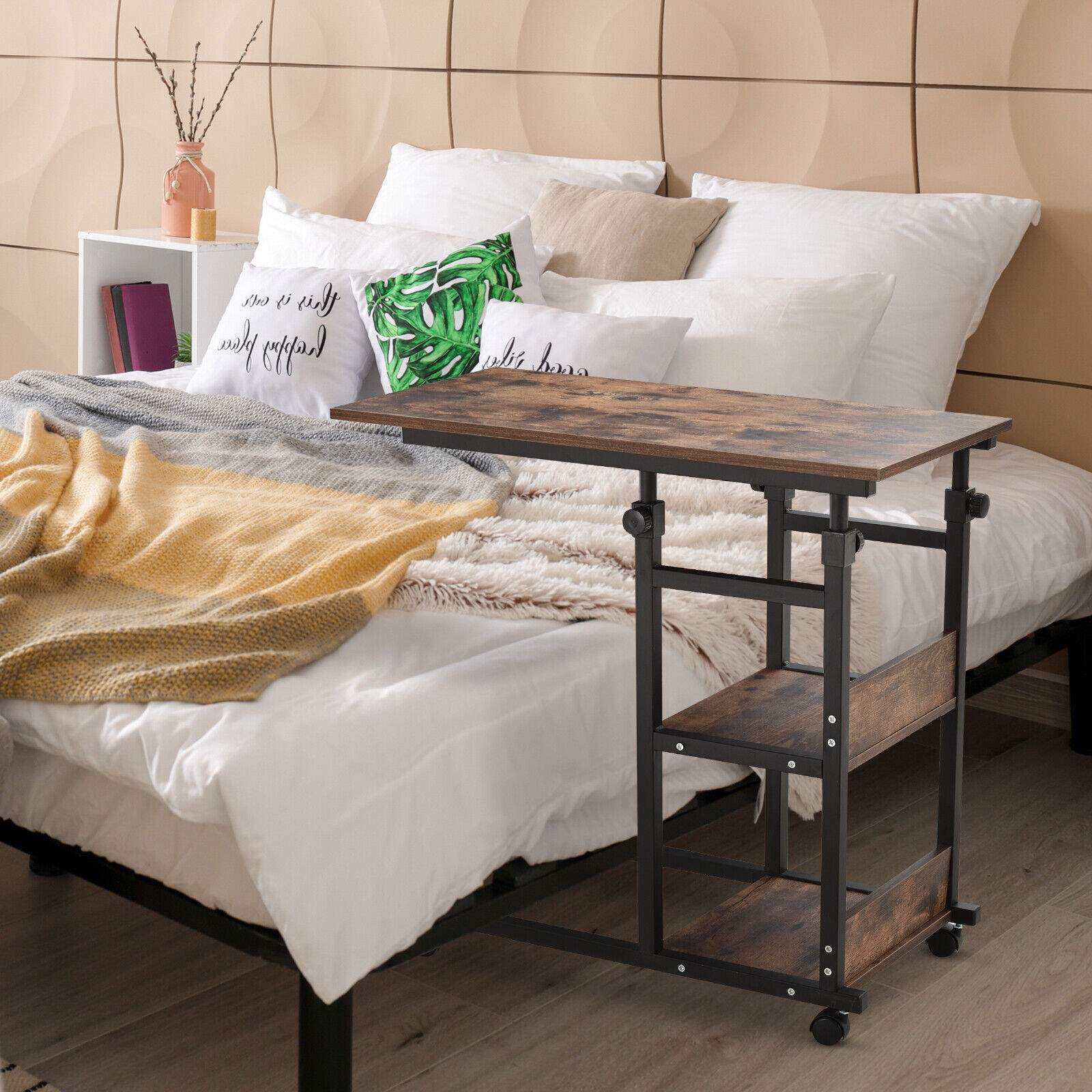 C-Shaped Mobile Sofa Bed Side Table 3-Tier Storage Shelving Cart Adjust Height