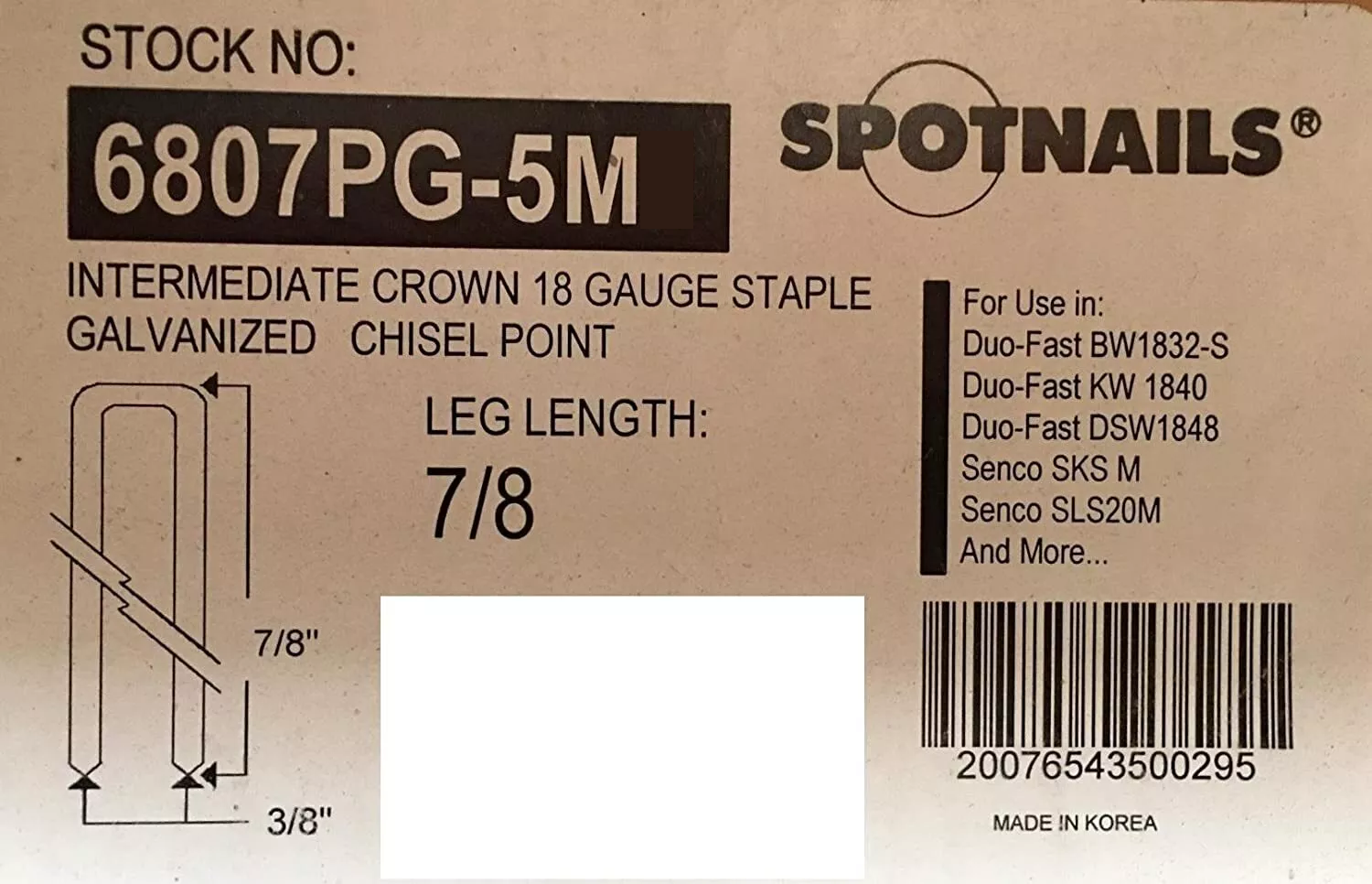 Spotnails 18 Gauge 7/8" Leg x 3/8" Intermediate Crown Galvanized Staples (Pack o