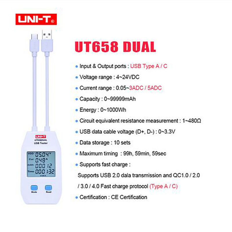 UNI-T Digital USB Tester Power Capacity Volt Amp Energy Detector Meter UT658DUAL
