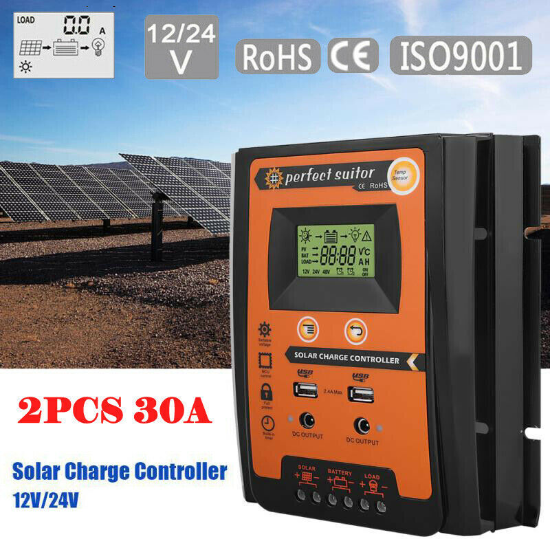 2PCS 30A 12/24V Solar Charger Controller Panel Battery Regulator