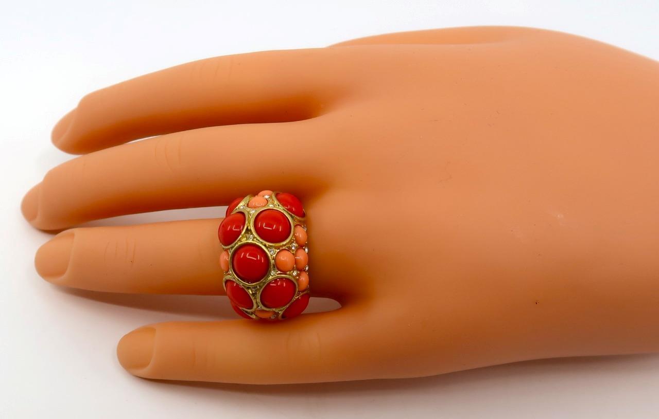 Kenneth Lane Gold Tone Signed Faux Coral Cabochons Ring, Size 9