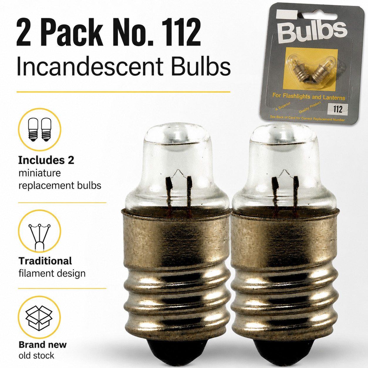 2 Pack No. 112 Flashlight Bulbs E10 Screw Base Incandescent Replacement