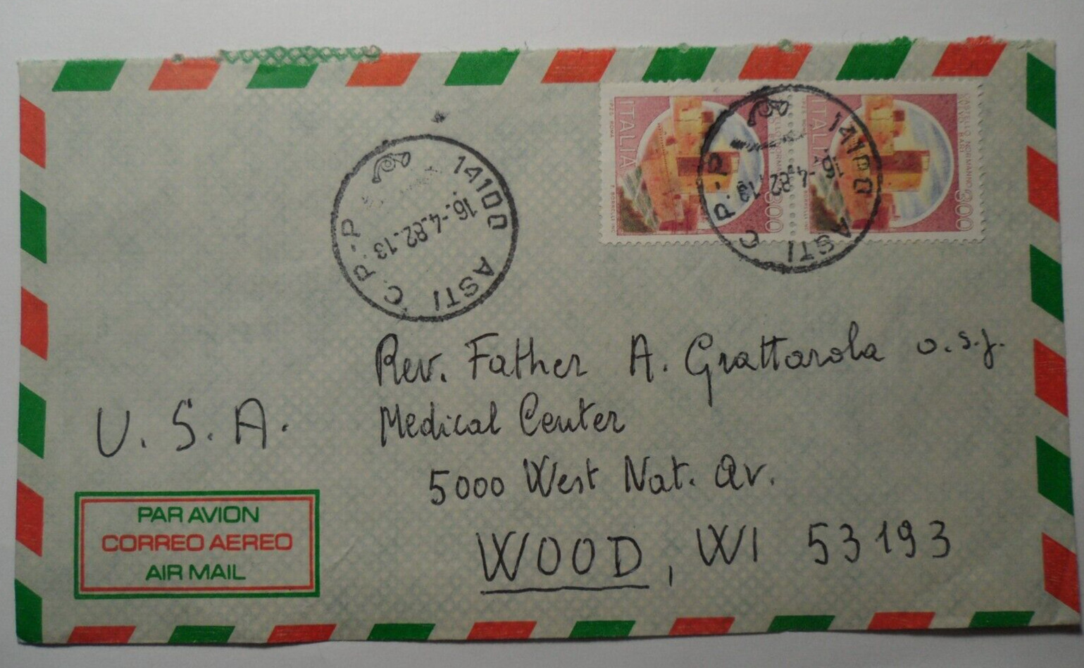 STAMPMART : ITALY 1982 ASTI C.P.P. CANCEL AIR MAIL COVER USED TO WIS USA