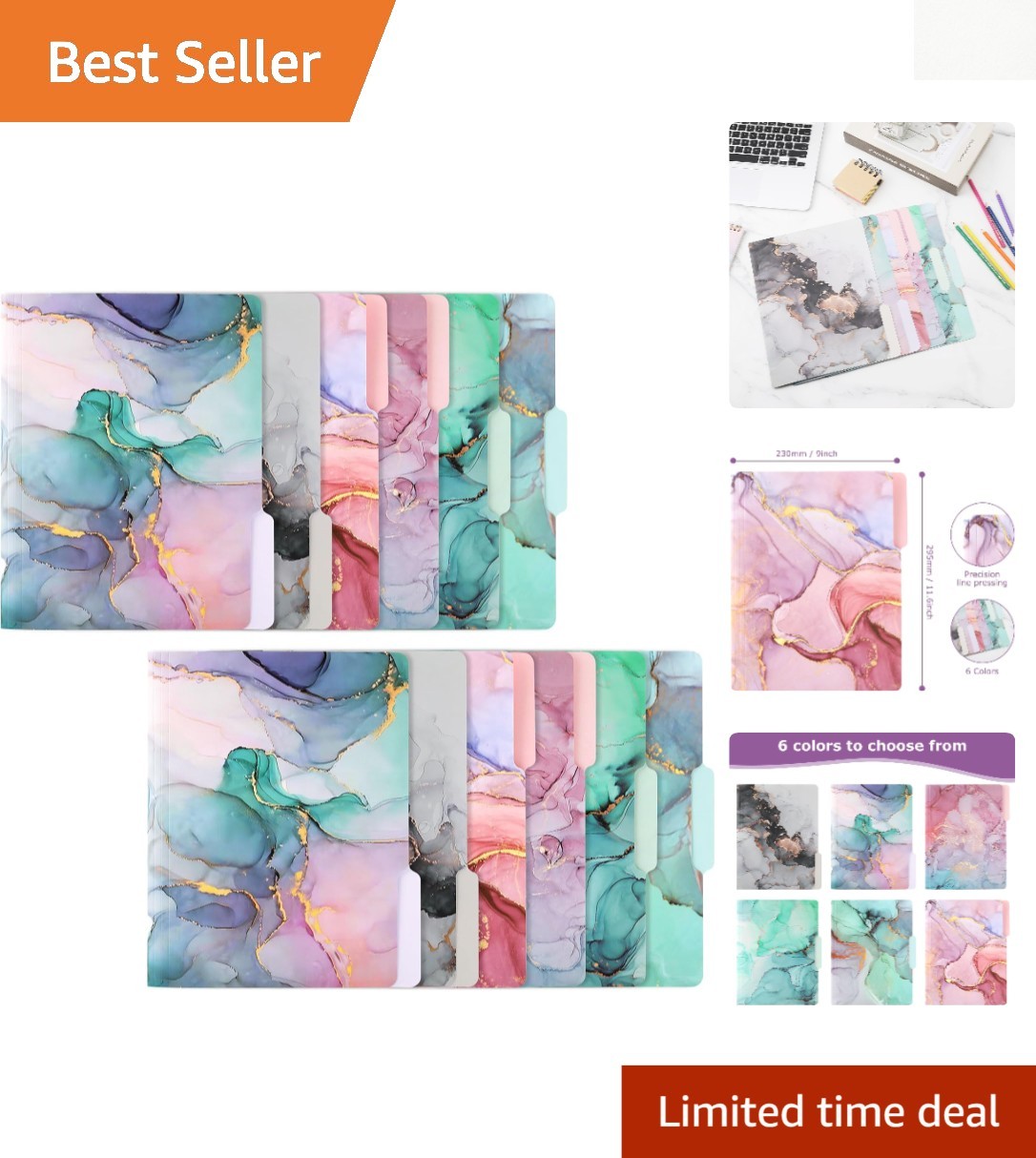 Art Deco Marble File Folders - 12 Count, Durable 1/3-Cut Tabs for Organization