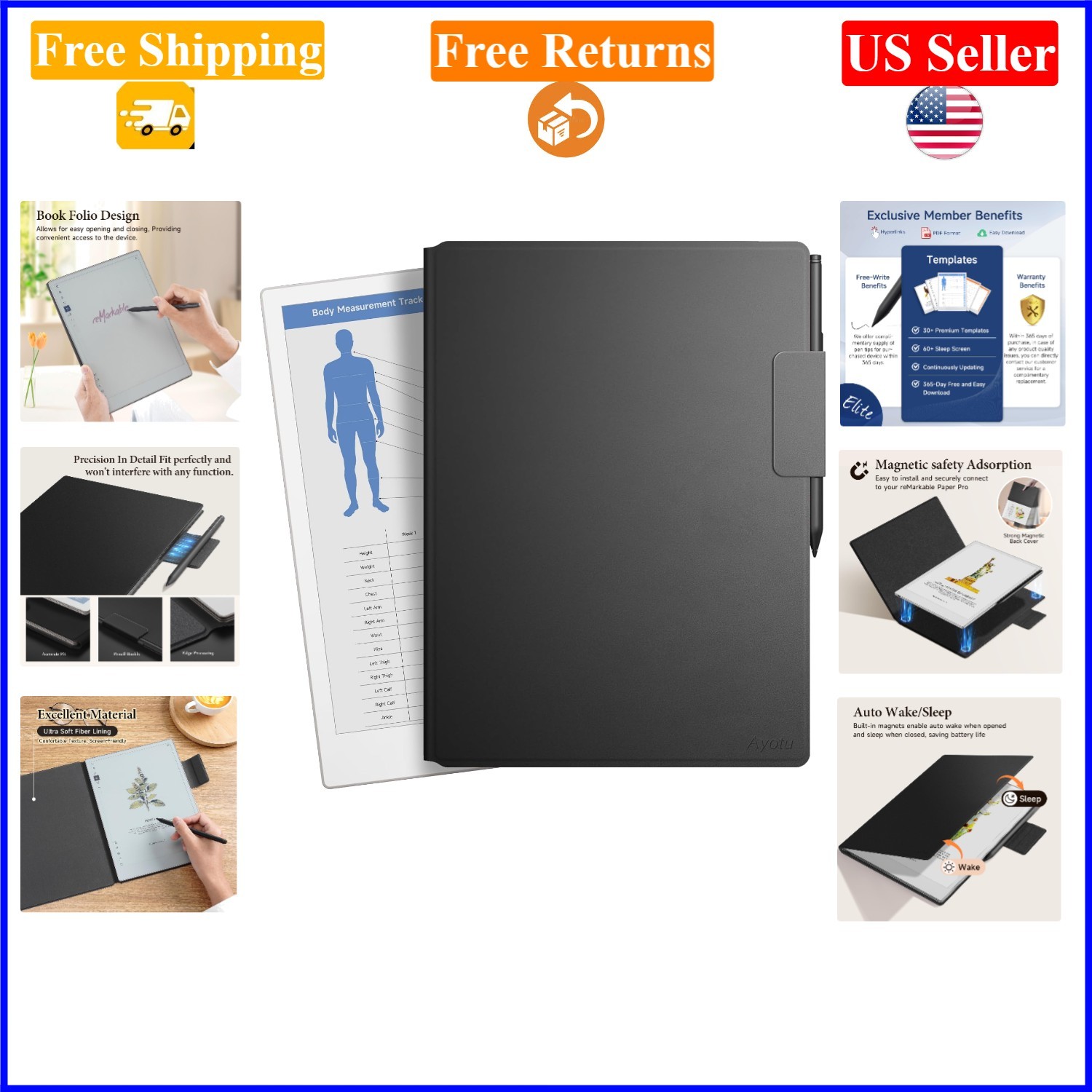 Black Leather Folio Case for Remarkable Paper Pro 11.8" with Pen Clip