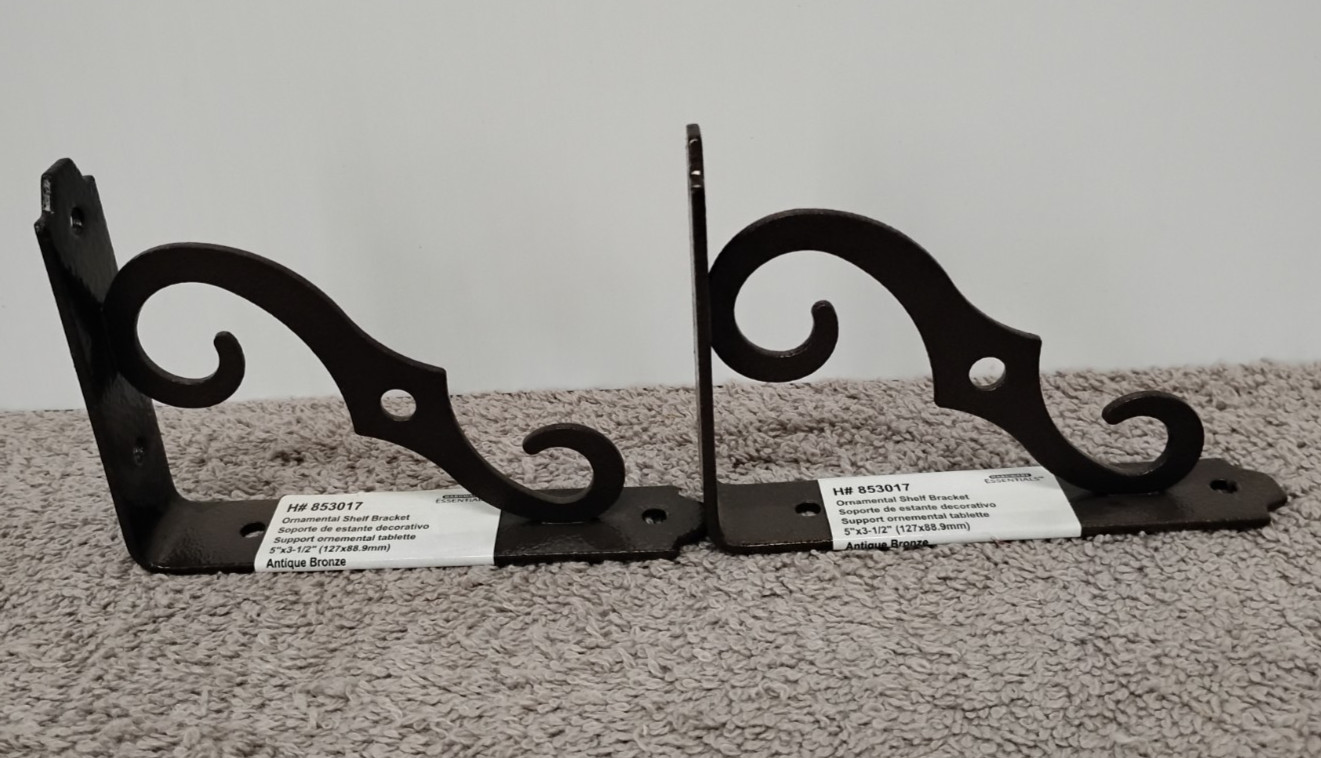 2 Essential Ornamental Shelf Brackets H #853017 Antique Bronze 5" X 3 1/2". (03)