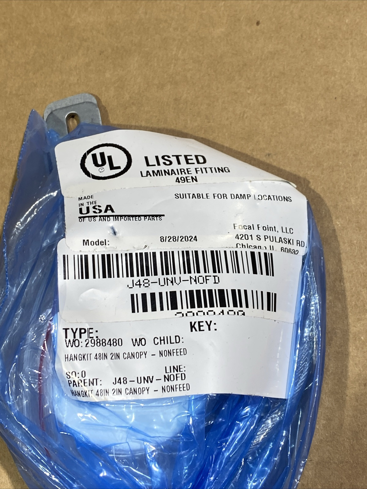 Hangkit Canopy Nonfeed J48-UNV-NOFD 48"  2in Hangkit Canopy New