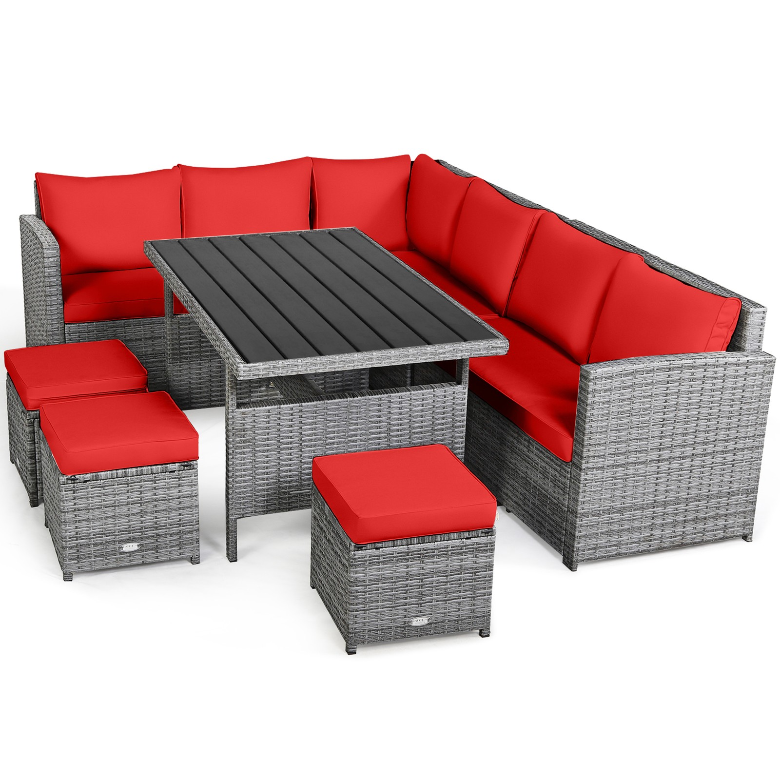 7PCS Rattan Patio Sectional Sofa Set Conversation Set w/ Red Cushions