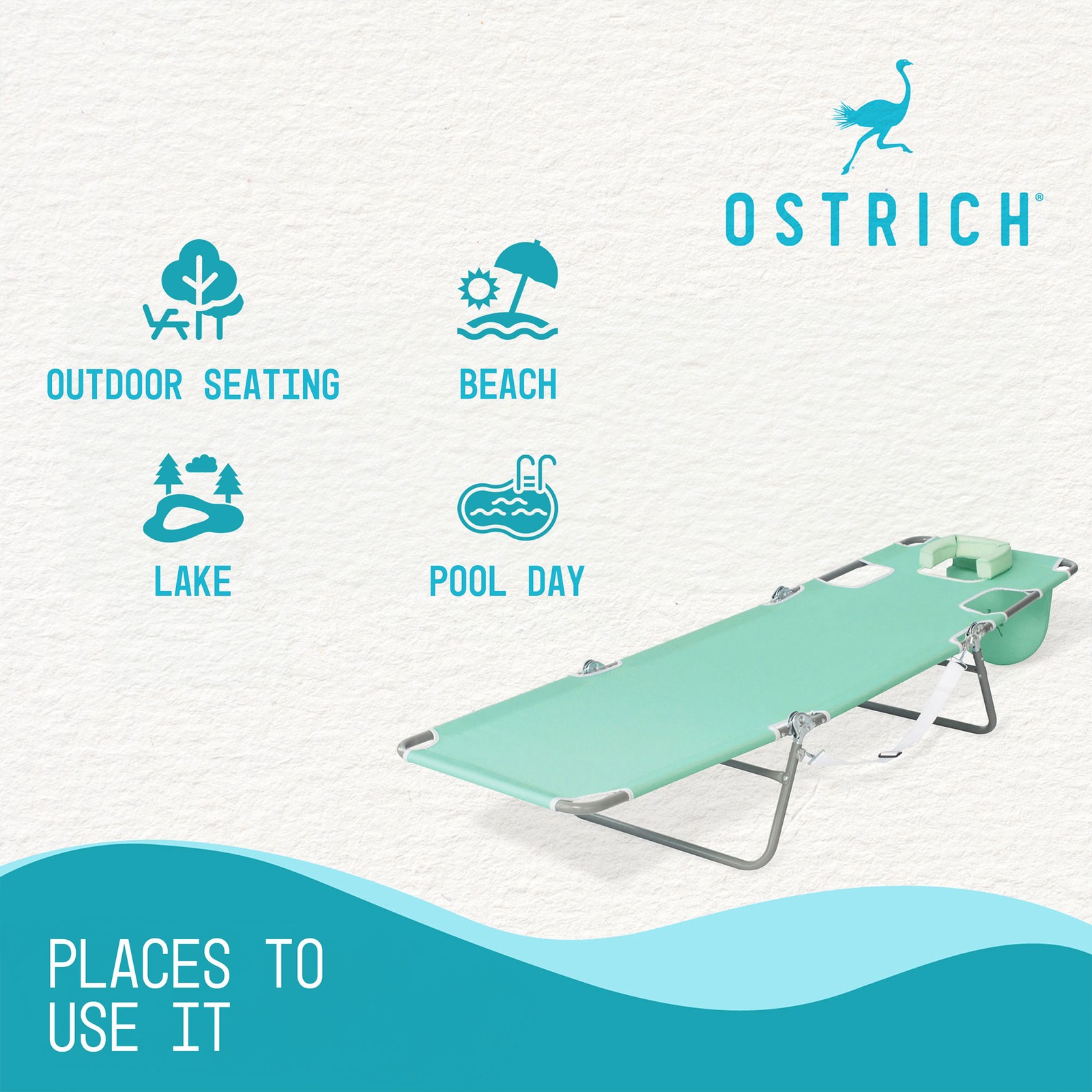Ostrich Chaise Lounge Folding Sunbathing Recliner Beach Chair, Teal (3 Pack)