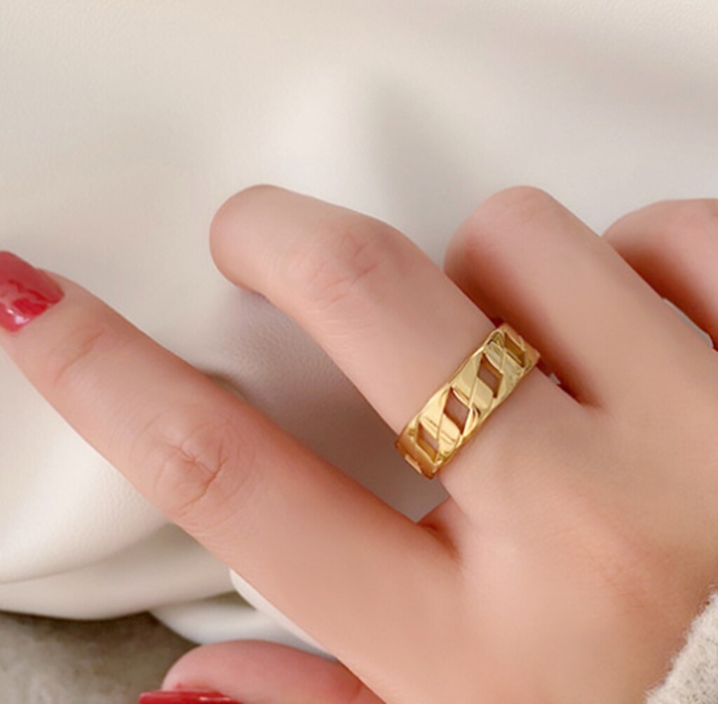 Women / Girl Gold Plated Titanium Stainless Steel Gold Cuban Link Chain Ring 6-9