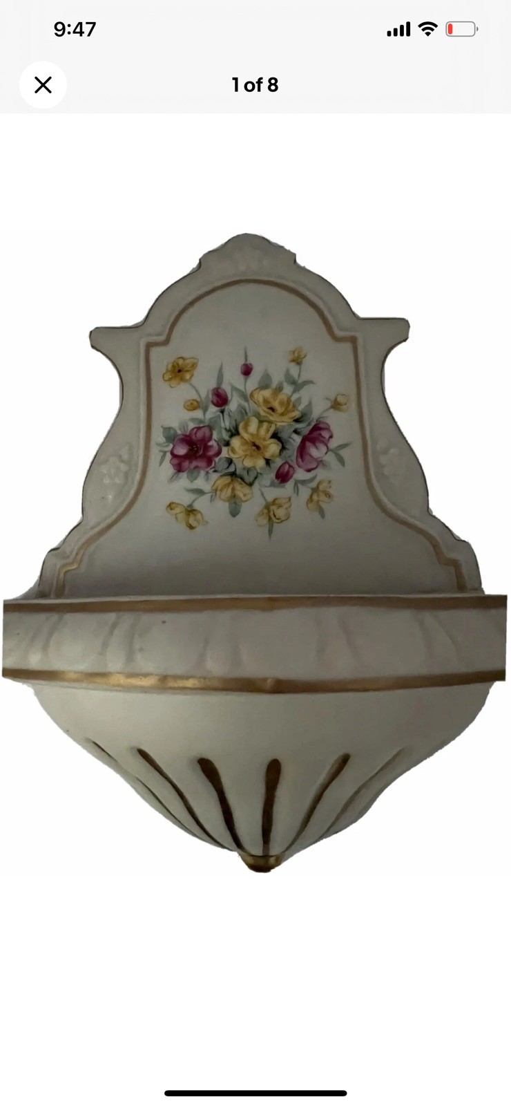 Lefton 8188 Wall pocket Floral Gold Trim Vintage Planter Vase Japan Rare 6”Wx8”H