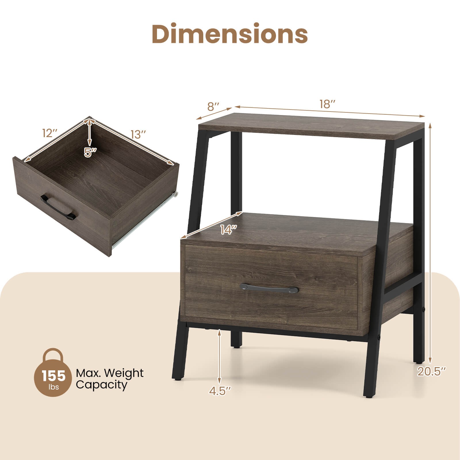 Nightstand with Drawer Farmhouse 3-Tier Bedside Table with Open Shelf End Table