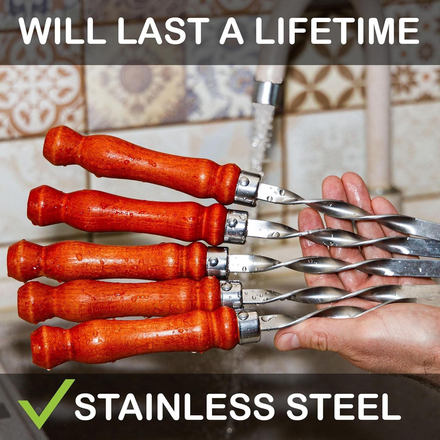 Long Stainless Steel BBQ Skewers 23.6" — Shish Kabob/Kebab Sticks, Flat Heavy...