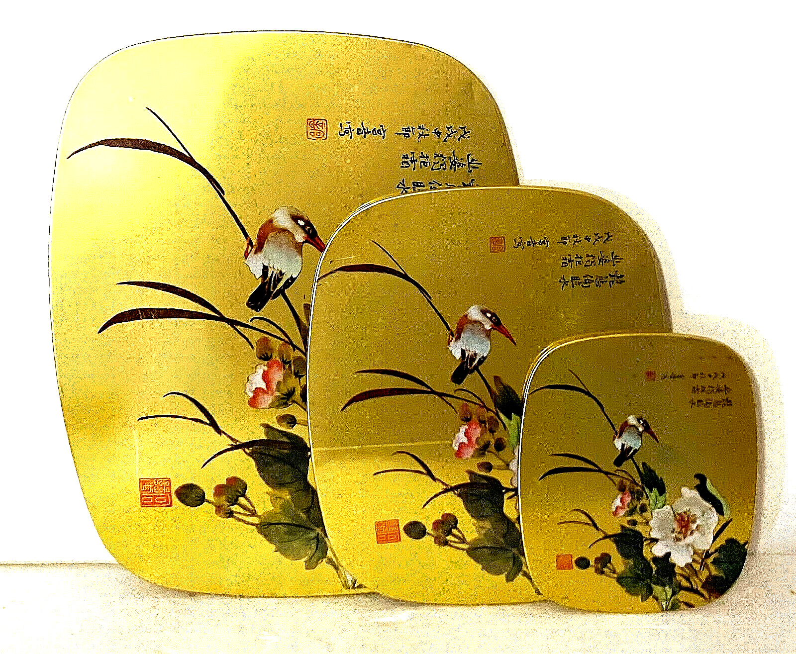 Vintage Asian Metal & Cork Hot Pads Trivets w/Birds & Flowers 5"H, 7.5"H, 10"H