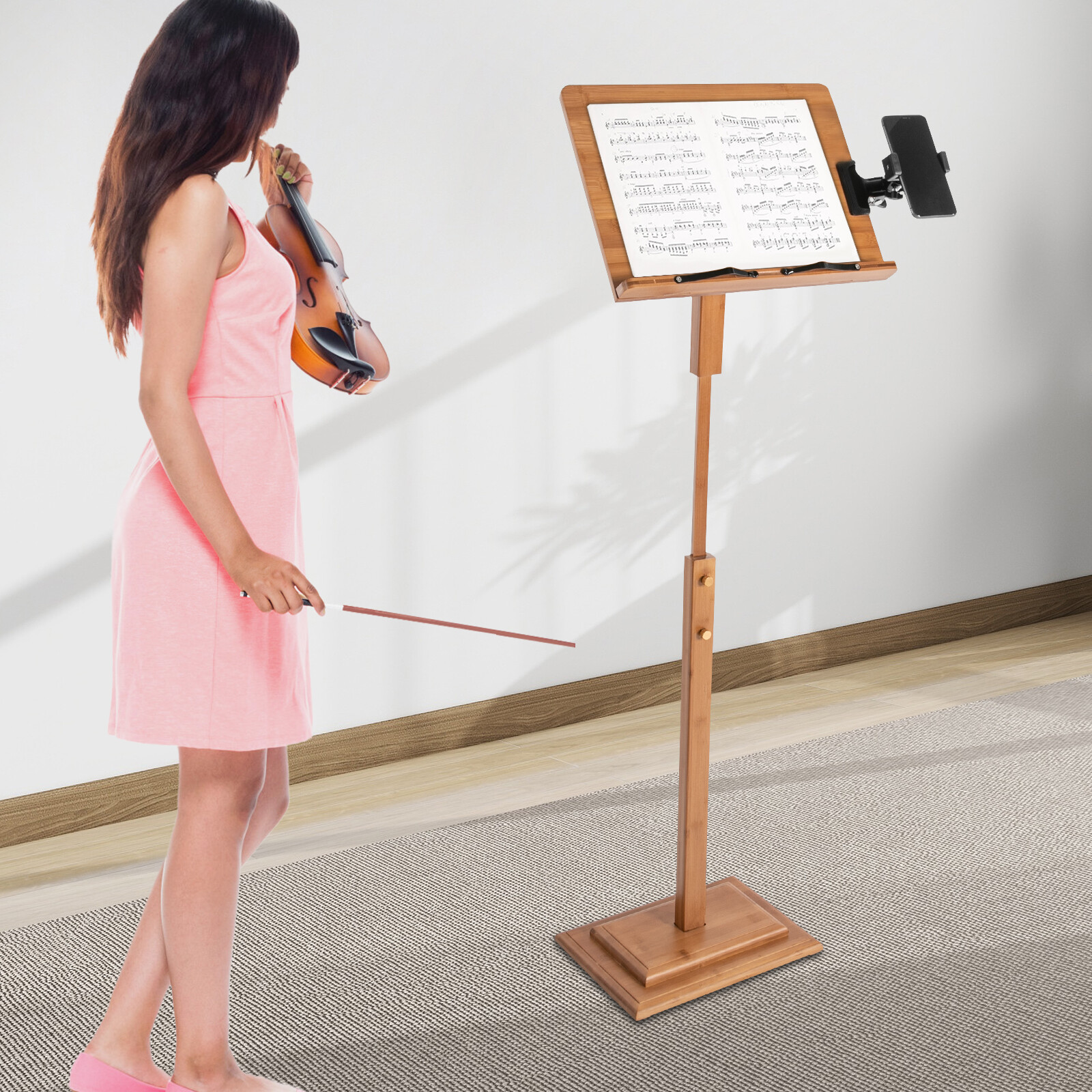 340° Adjustable Height Portable Book Stand Sheet Pro Music Stand W/ Phone Holder