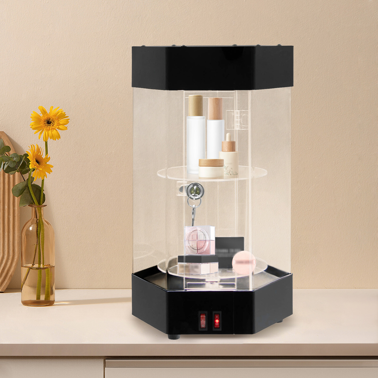 Hexagonal Display Case Electric Rotating Clear Display Case W/ 2 LED Lighting US