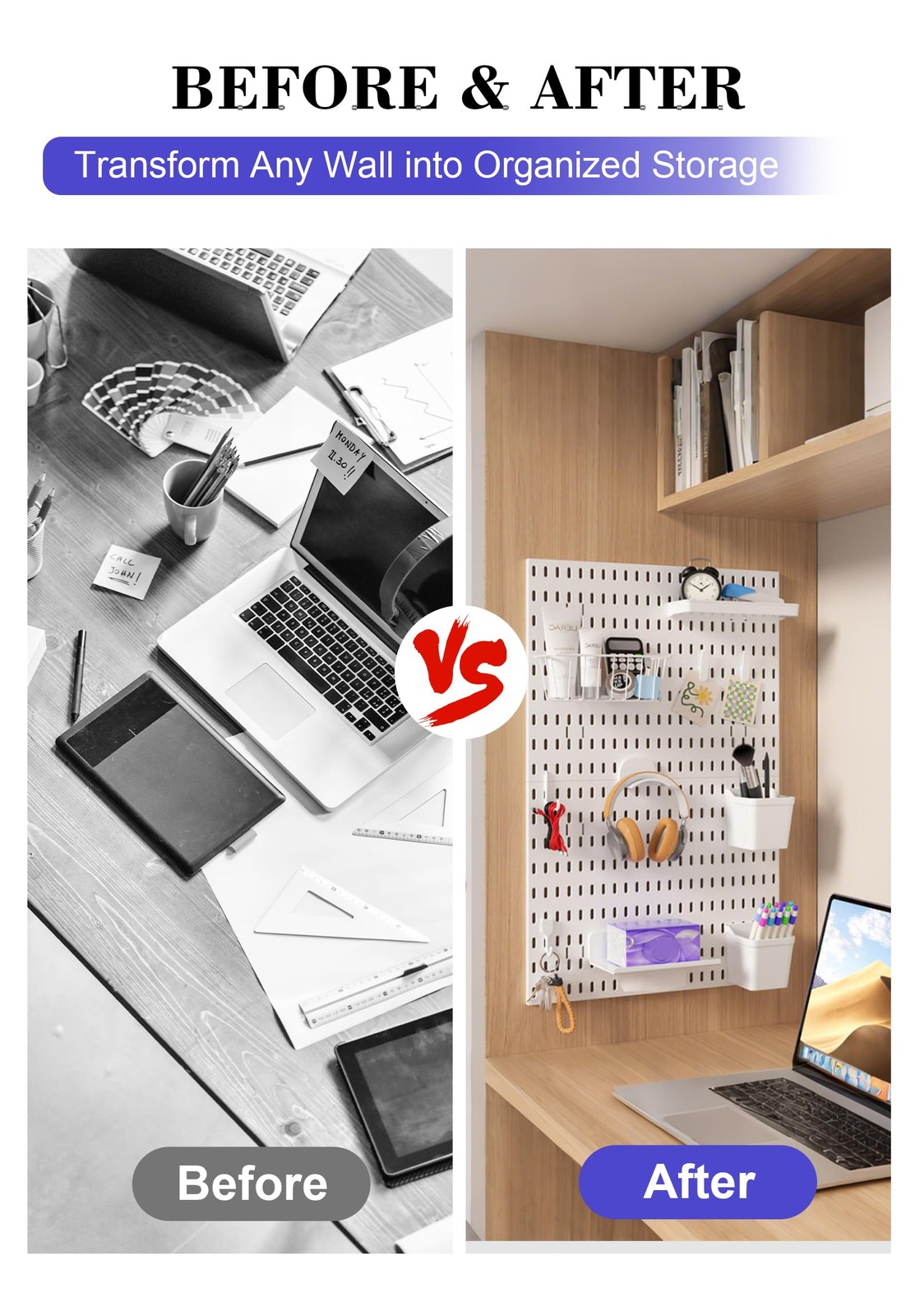 Pegboard Wall Organizer Set – 4 Peg Boards with Hooks & Shelves – Office, Kit...