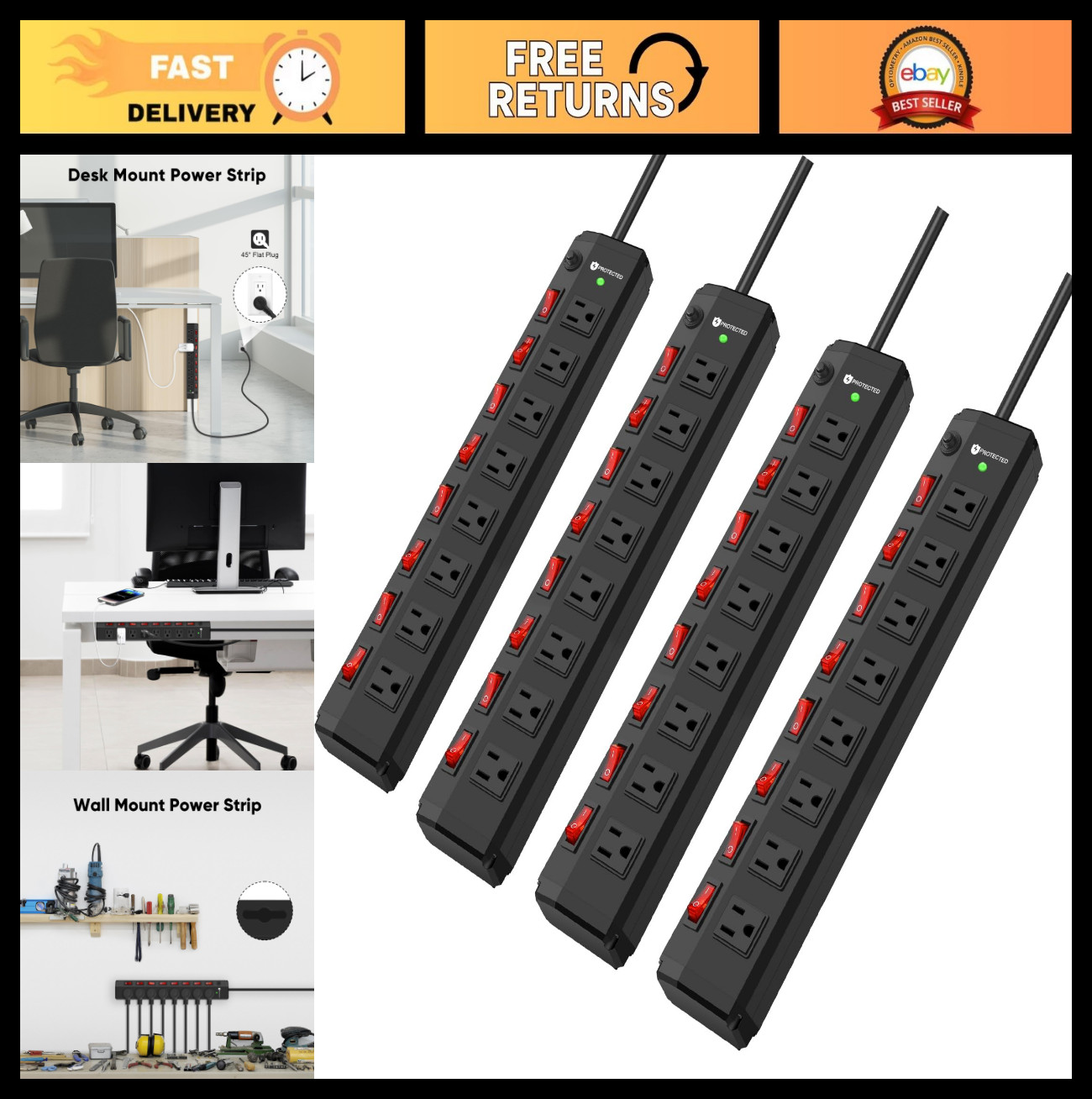 8 Outlet Heavy Duty Power Strip Surge Protector with 8 Switches & 6FT Cord, 1200