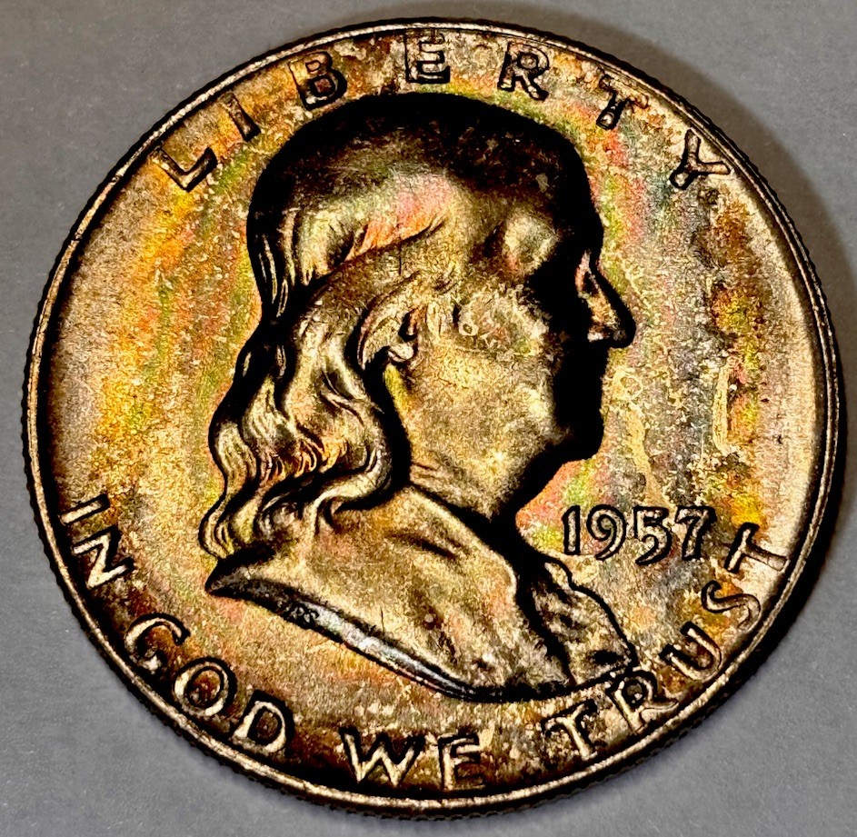 1957-D Franklin Half Dollar GEM BU +++Rainbow Toned MINT SET COIN!!!