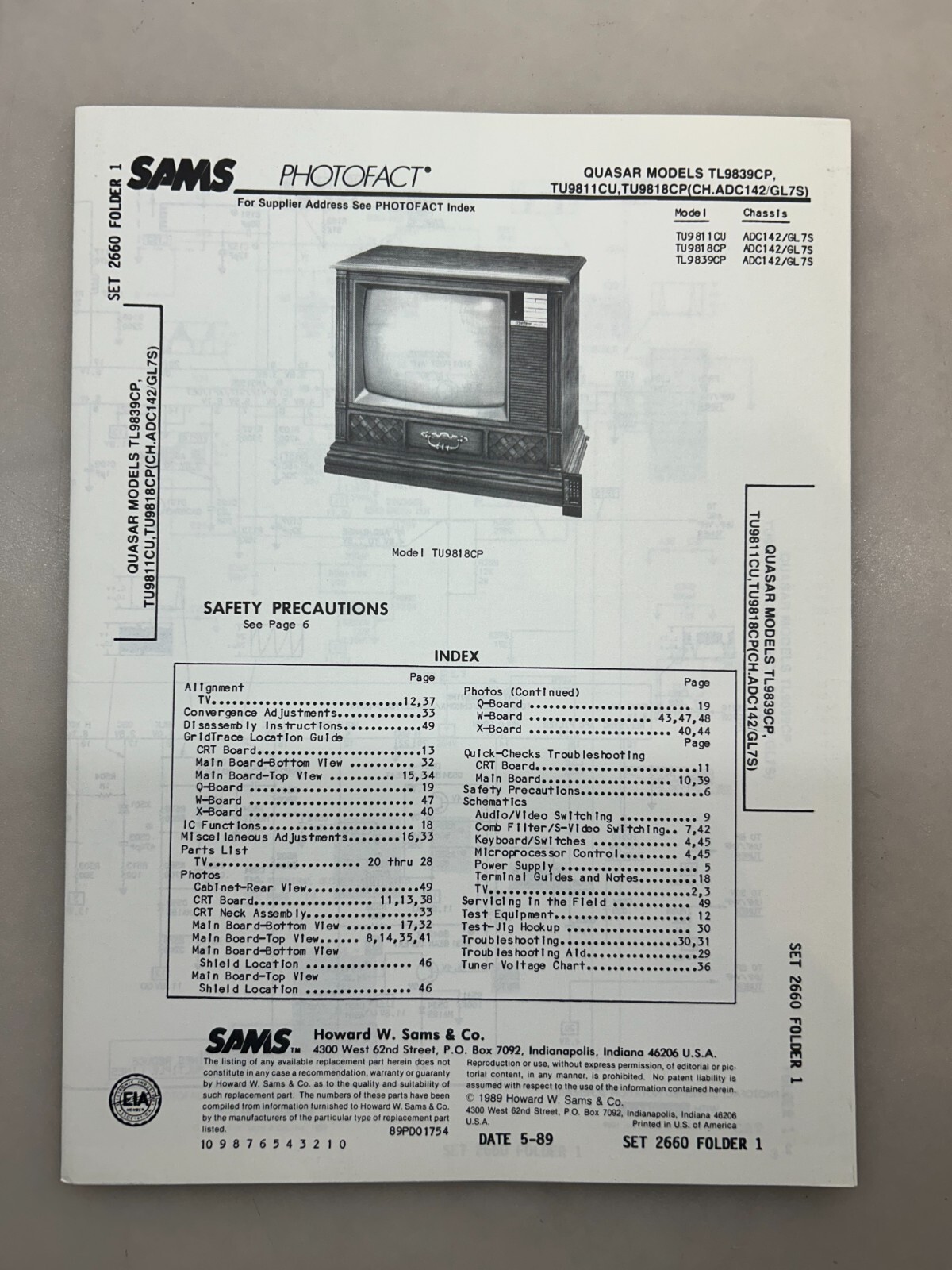 Quasar TL9839CP TU9811CU TU9818CP Service Manual Sams Photofact Free Shipping