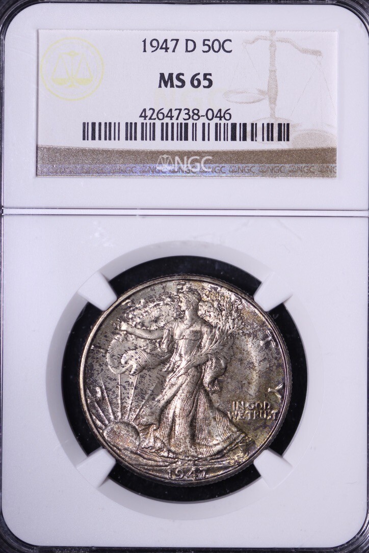 1947-D Walking Liberty Half Dollar NGC MS65 Mint Set Toning FREE SHIPPING 7KCMT
