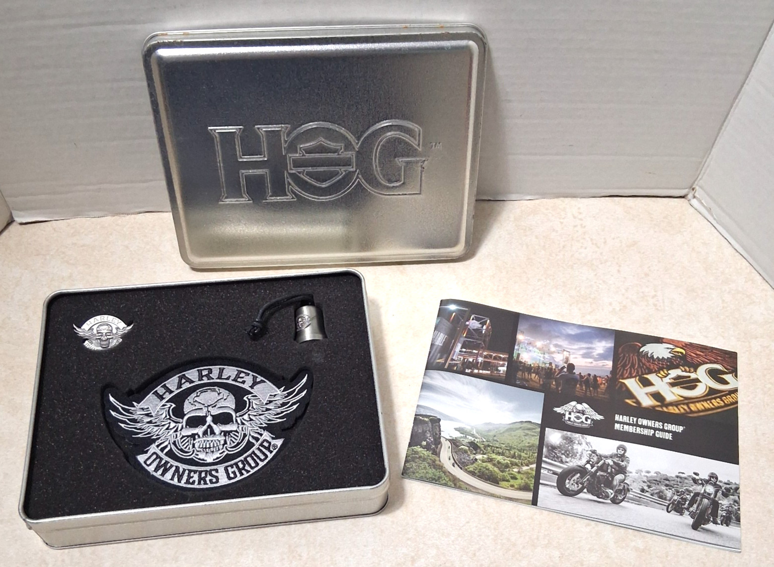 Harley Davidson - HOG Owners Group - Welcome Kit Tin - Patch,  Pin, Rider's Bell