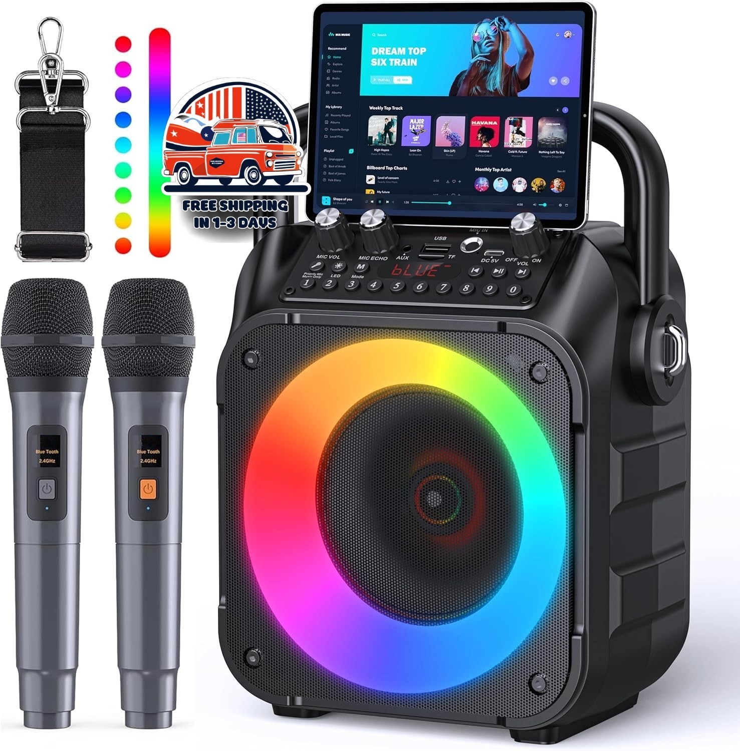 Máquina De Karaoke Bluetooth Con 2 Micrófonos Inalámbricos Portátil Con LED NEW