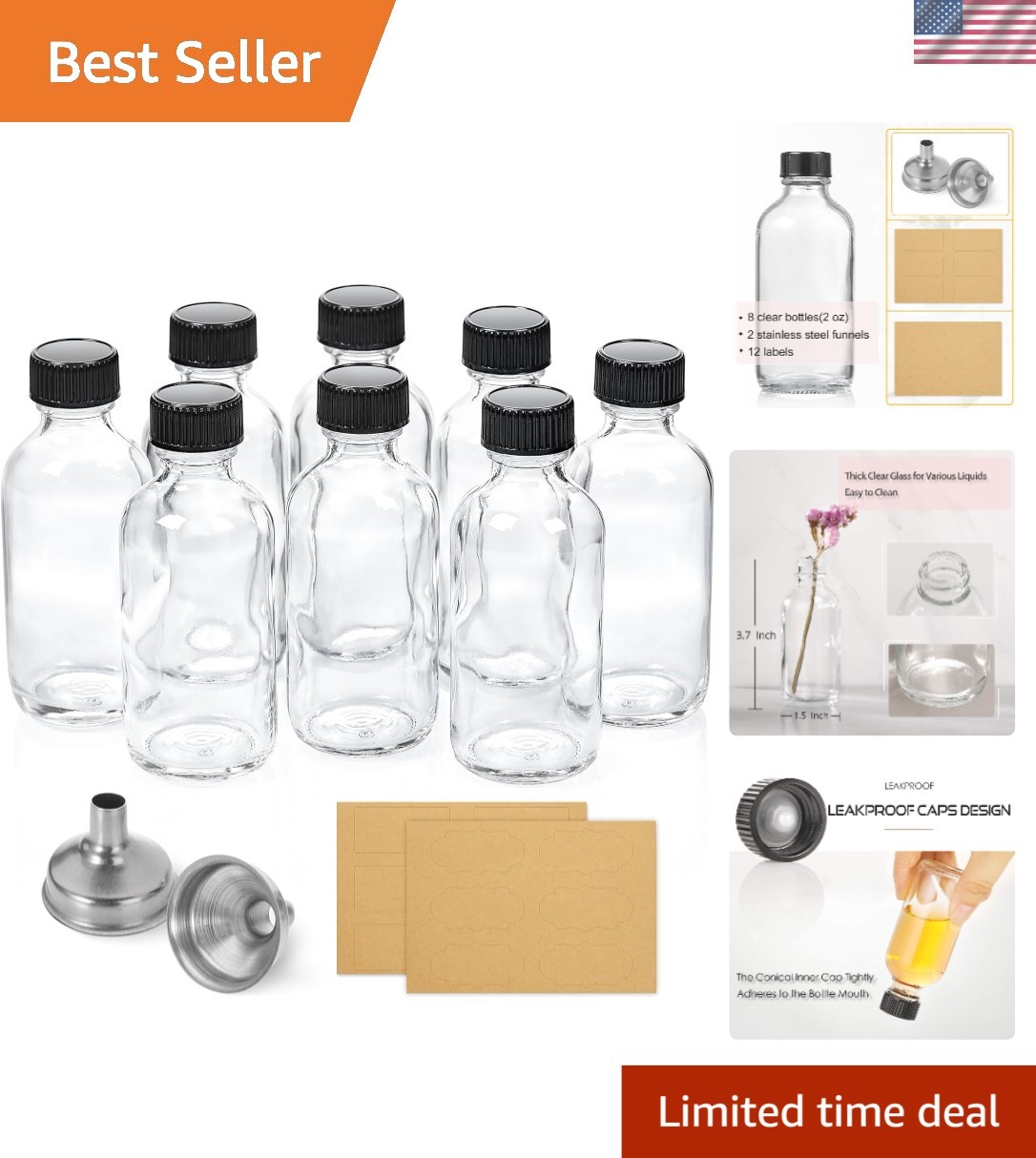 Compact 2oz Glass Bottles for Juices & Wellness Shots - 8 Pack with Labels