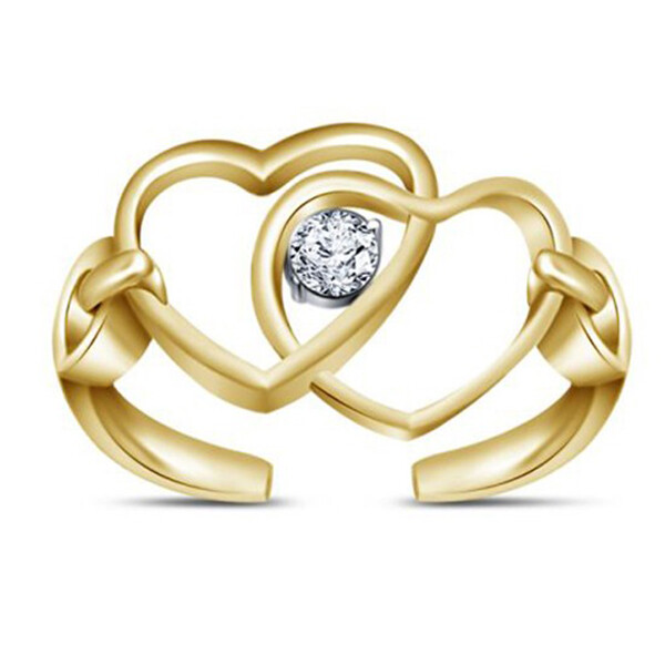 Diamond Double Heart Toe Ring 14K Yellow Gold Plated Sterling Silver