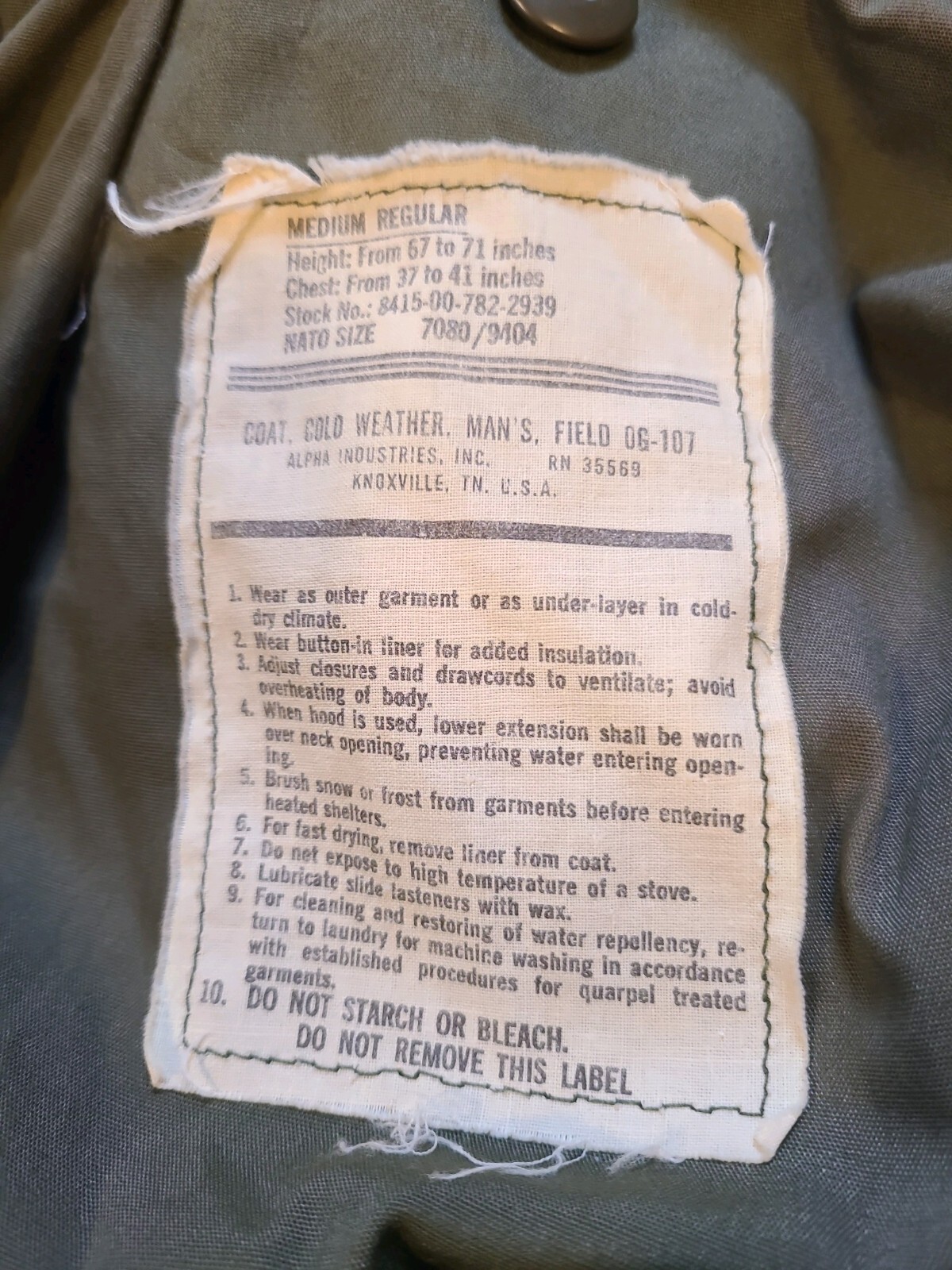 VTG ALPHA INDUSTRIES COLD WEATHER FIELD COAT OG 107 SZ M REGULAR