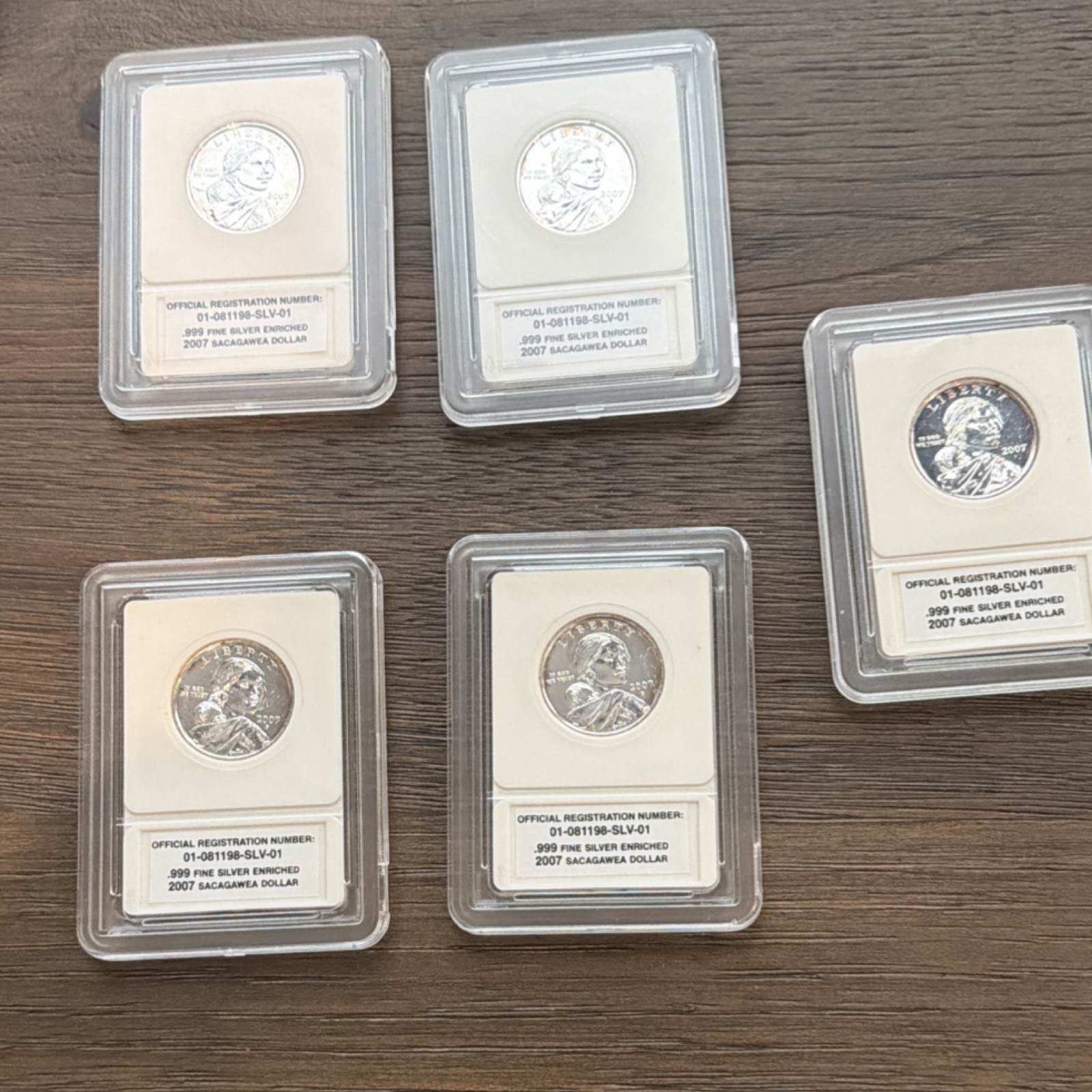 Five (5), 2007 Sacagawea .999 Silver Plated.
