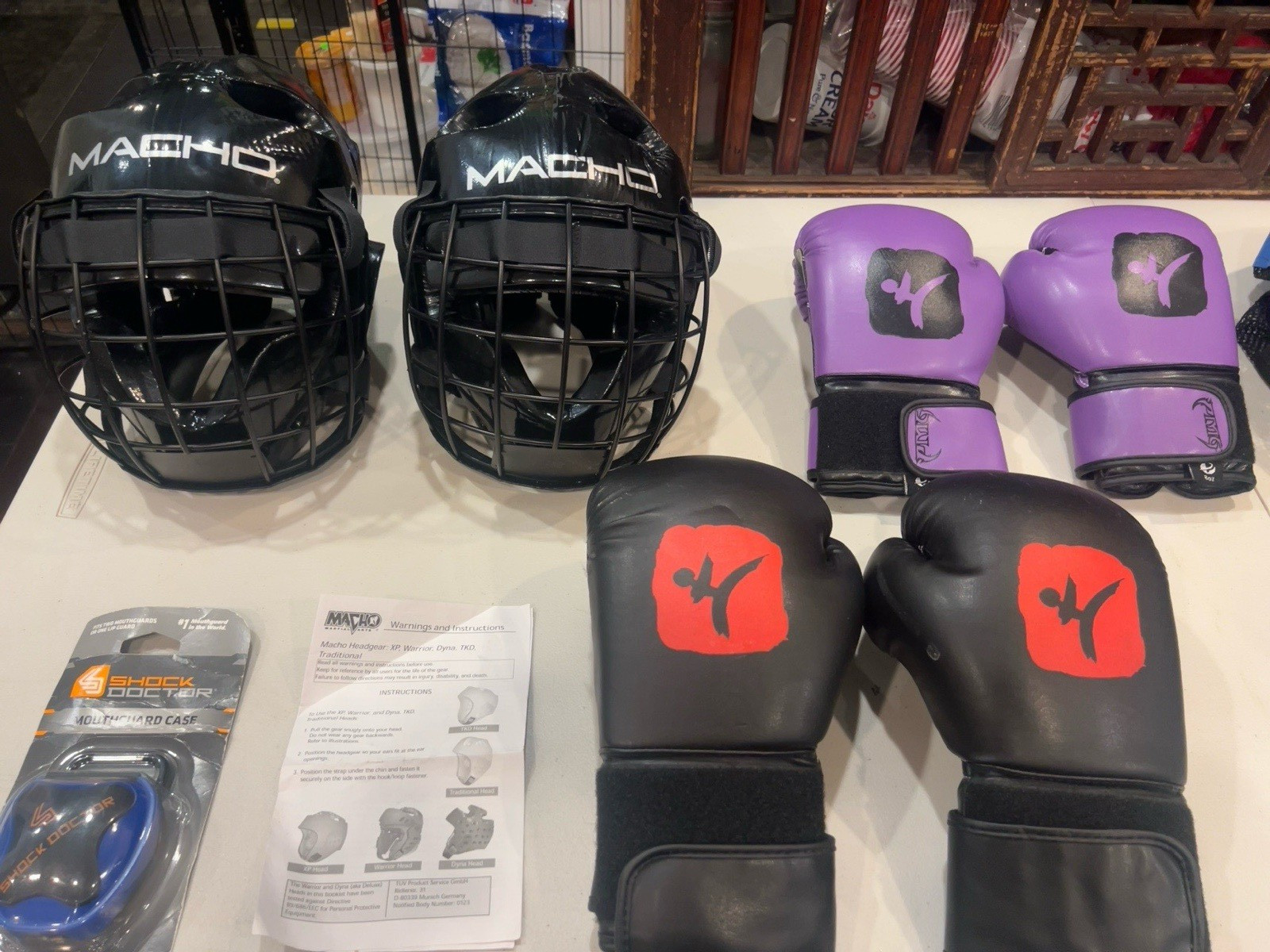 Macho Martial Arts Sparring Gear Set 2 Helmets 2 Gloves bags small and large Lot