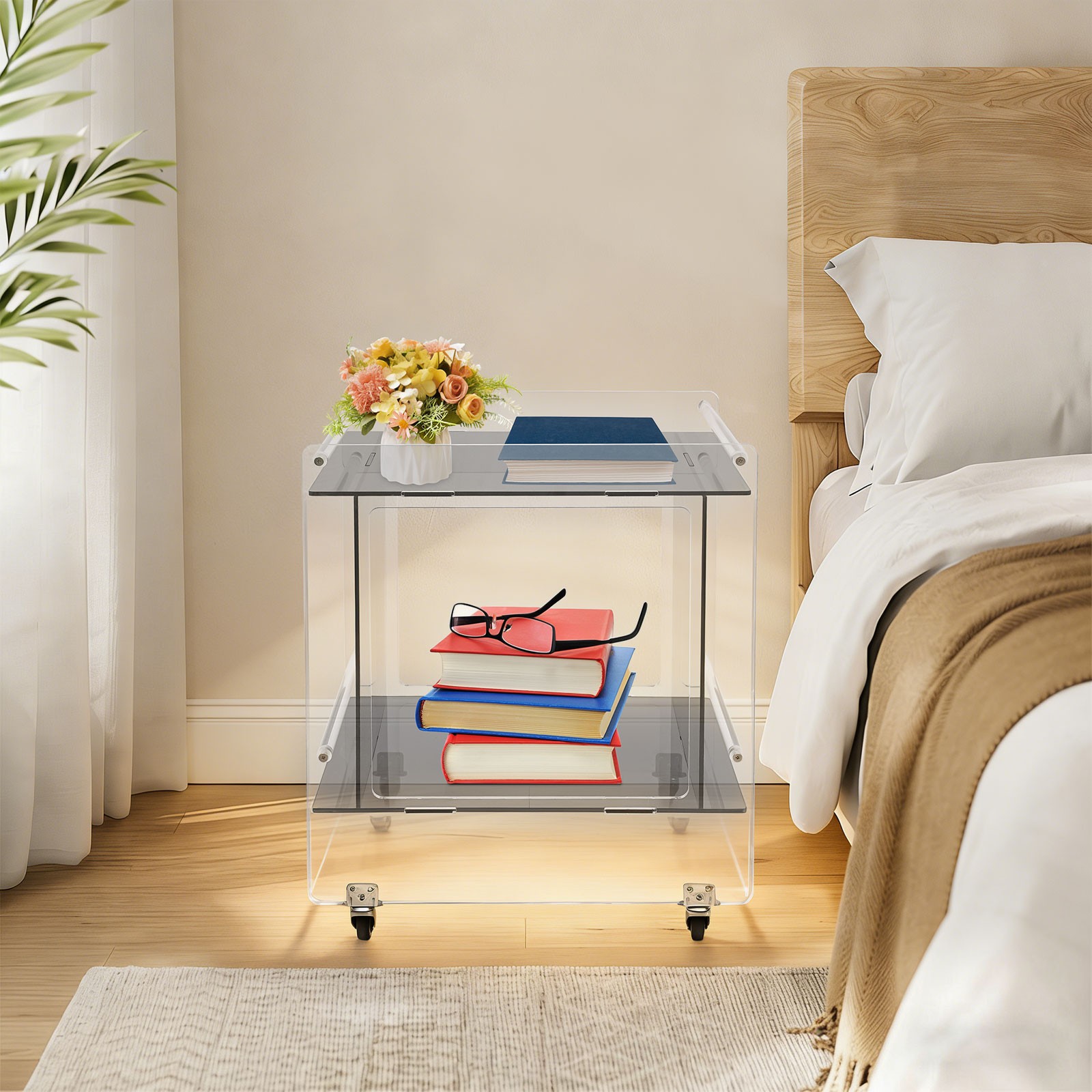 46x40x55cm Side Table Acrylic Mobile Table Multifunctional End Table with Wheels
