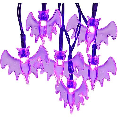 Halloween Solar String Lights, 21.3 Ft 30 LED Purple Bat LED Lights IP65 Wate...