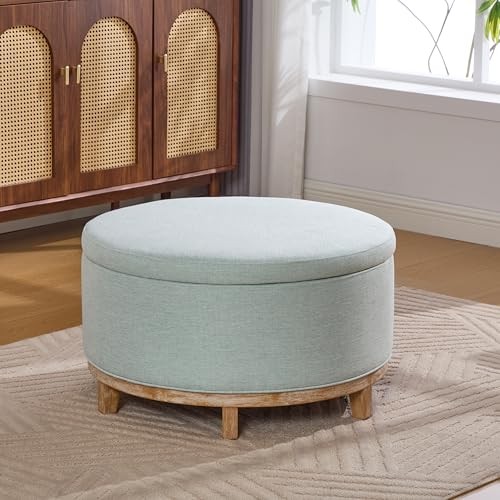 Inla Modern Round Ottoman with Storage for Living Room, Mint Green+natural