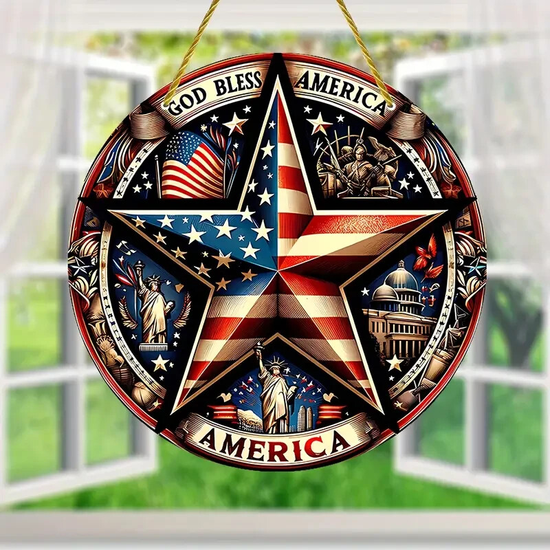 God Bless America Star Flag Double Sided Round Dyed Acrylic Decor