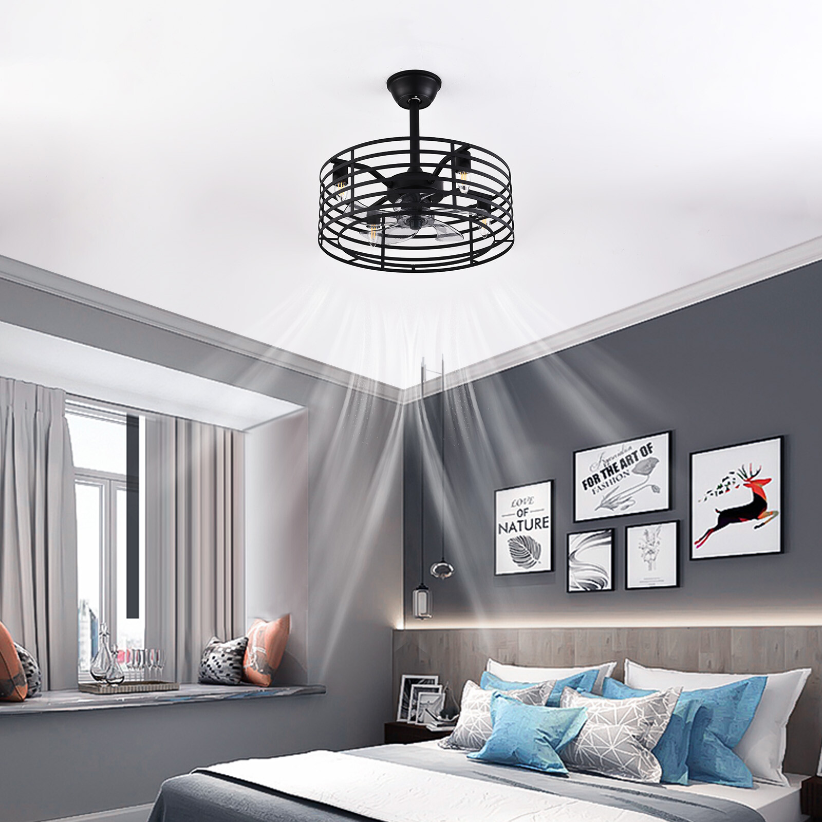 20" Rustic Caged Bladeless Ceiling Fan with Light Remote Control Flush Mount Fan