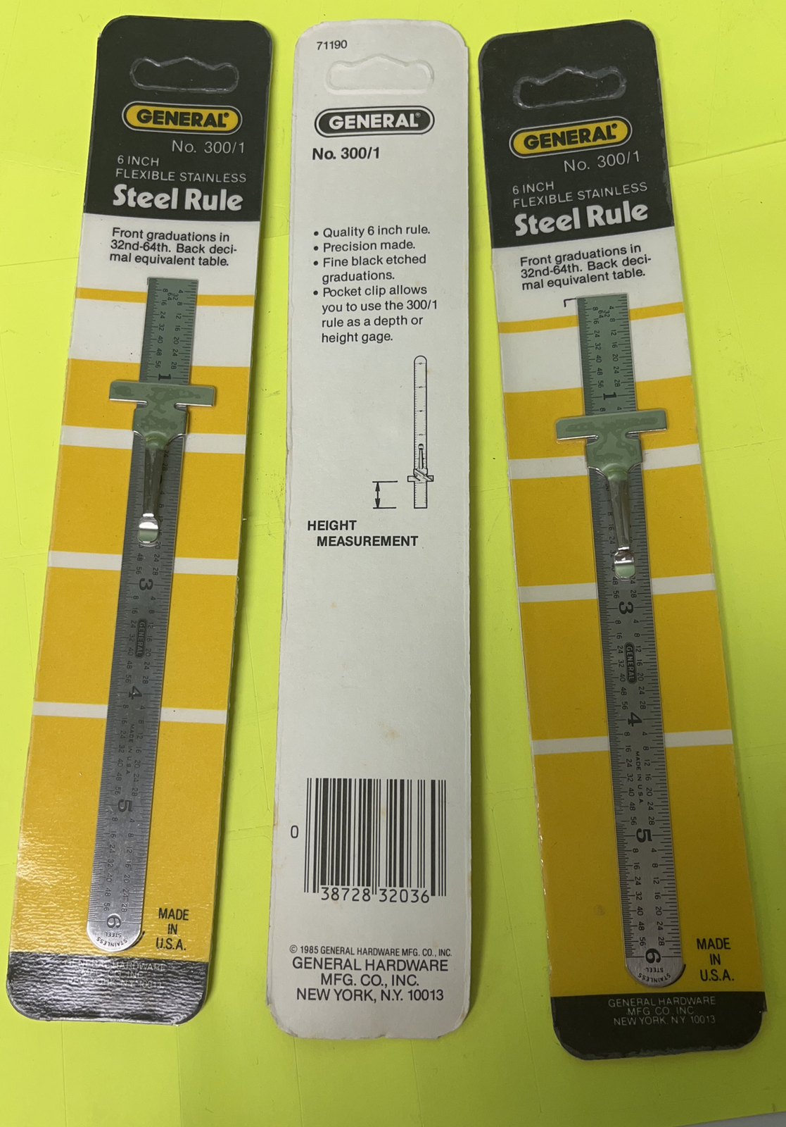 General 300/1 Pocket Rule 6”Stainless Steel W/Depth Gauge (3pcs)Vintage1980s,USA