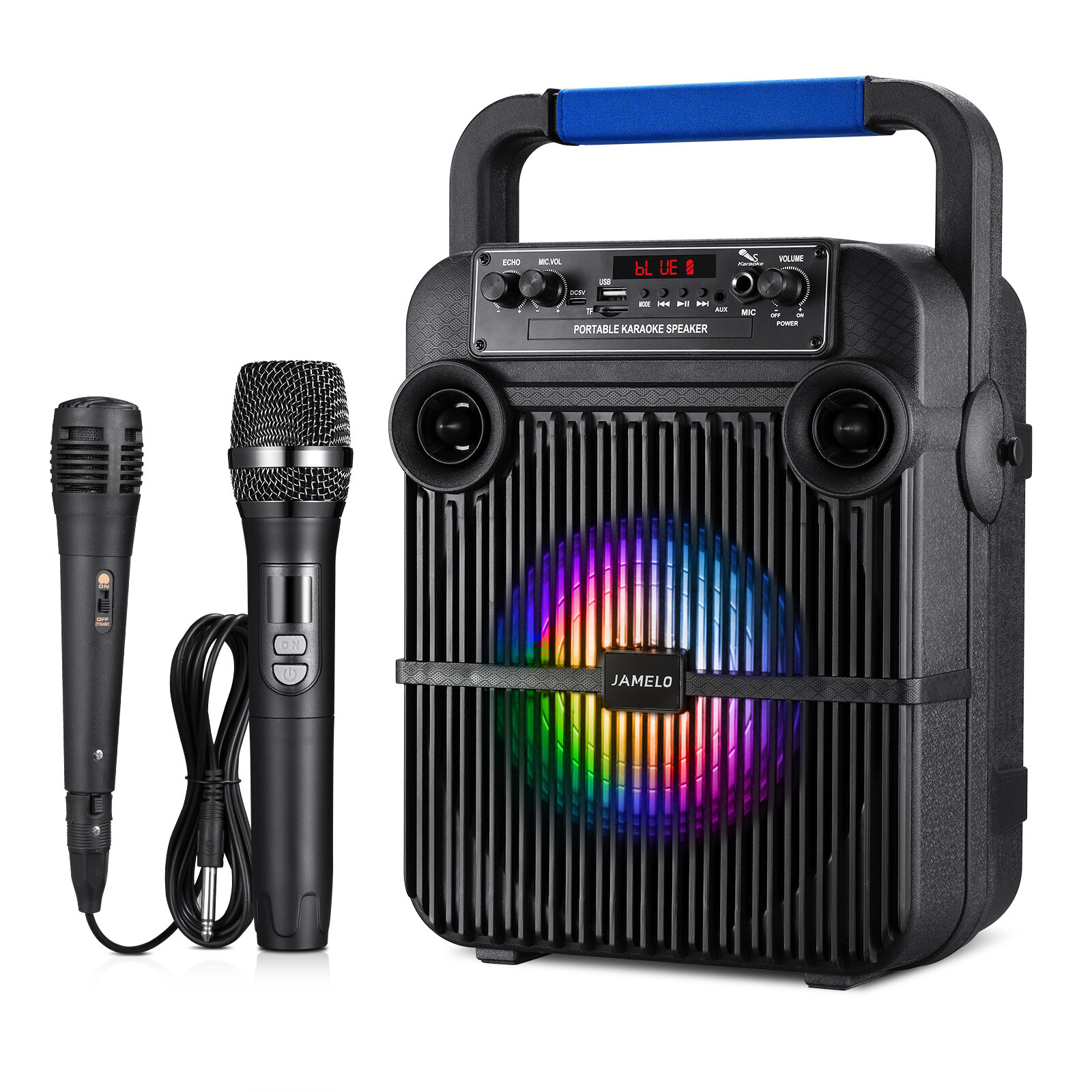 JAMELO Karaoke Machine with 2 Mics Bluetooth Speaker Strap Home Party KTV Sound