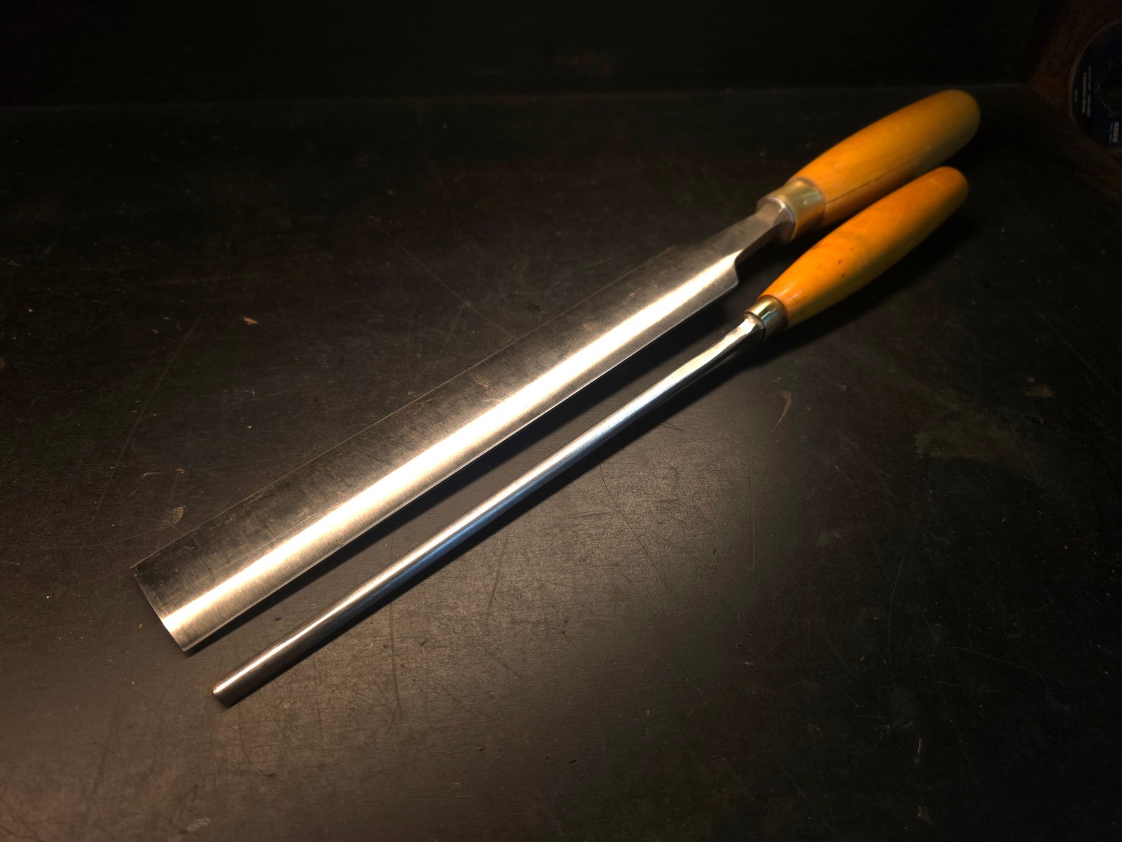 Pair of NOS Stormont Long Pairing Gouges W/ Boxwood Handles