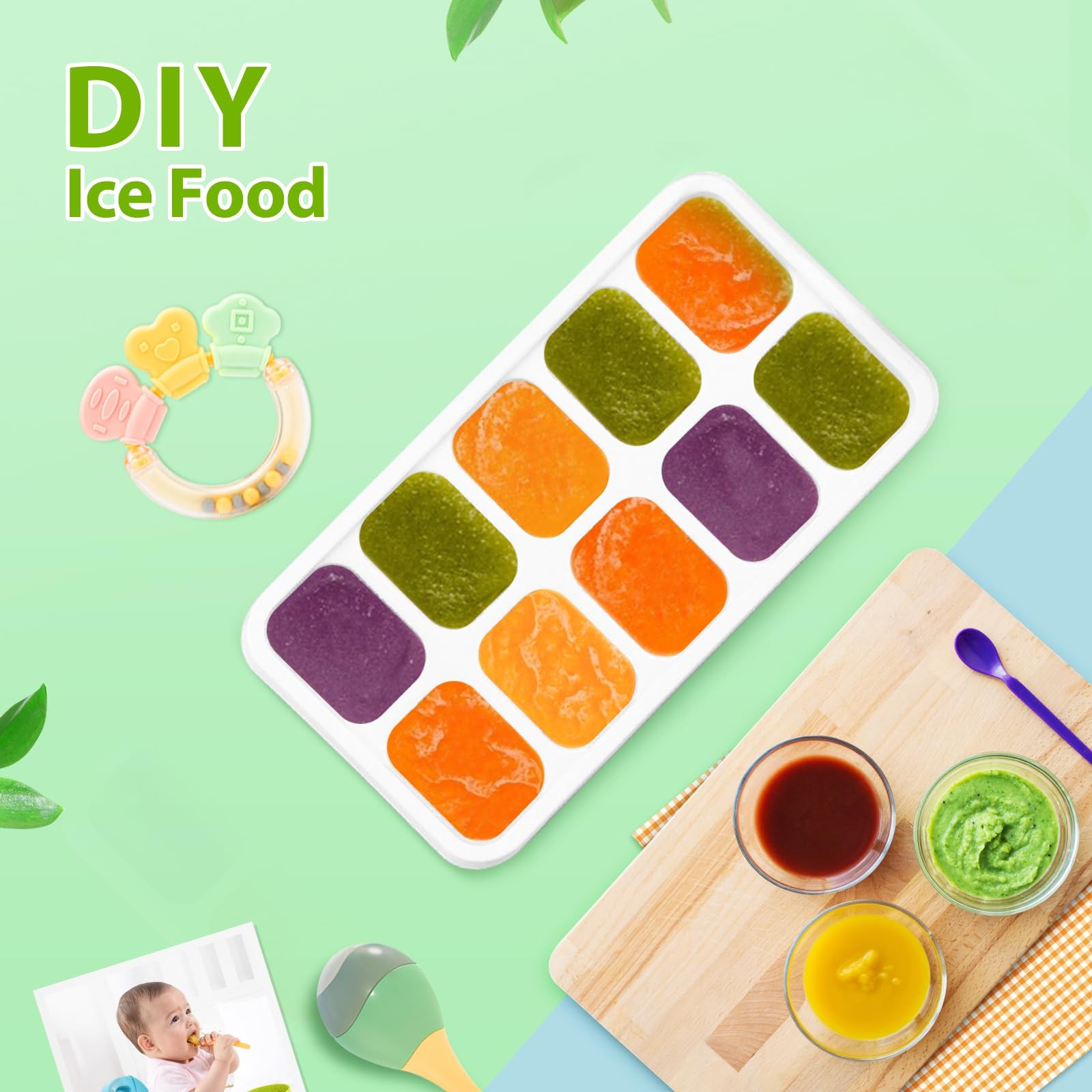 DOQAUS Ice Cube Tray with Lids - 4 Pack Stackable 4Pack-7.2"*4.1"*1.3", Green