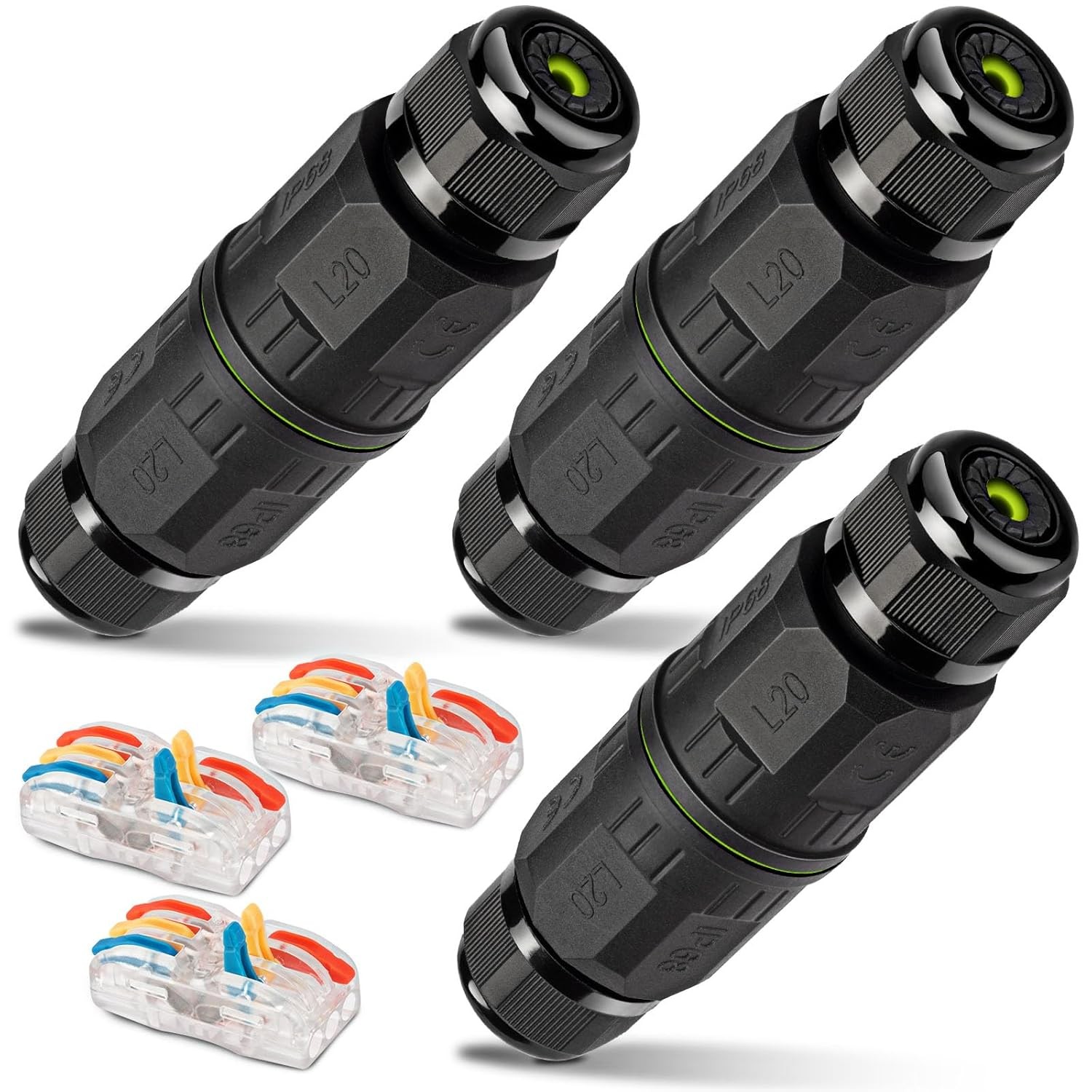 3-Pack Junction Box with 3 Pin Electrical Cable Connectors, IP68 Black