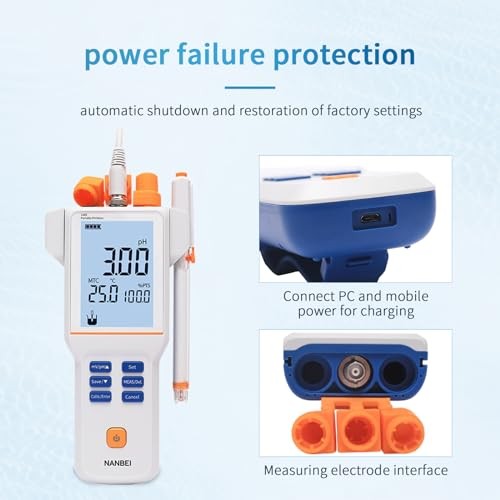 Lab Portable pH Meter, 200 Sets of Data Storage,1-3Points Auto