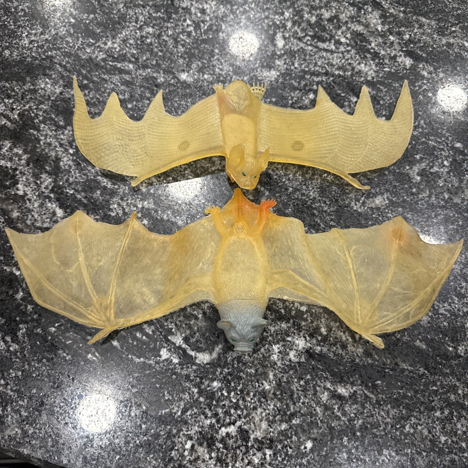 2 Vintage Vampire Bat Prop Clear Green Eyes Fangs Hanging Suction Prop 12” Latex