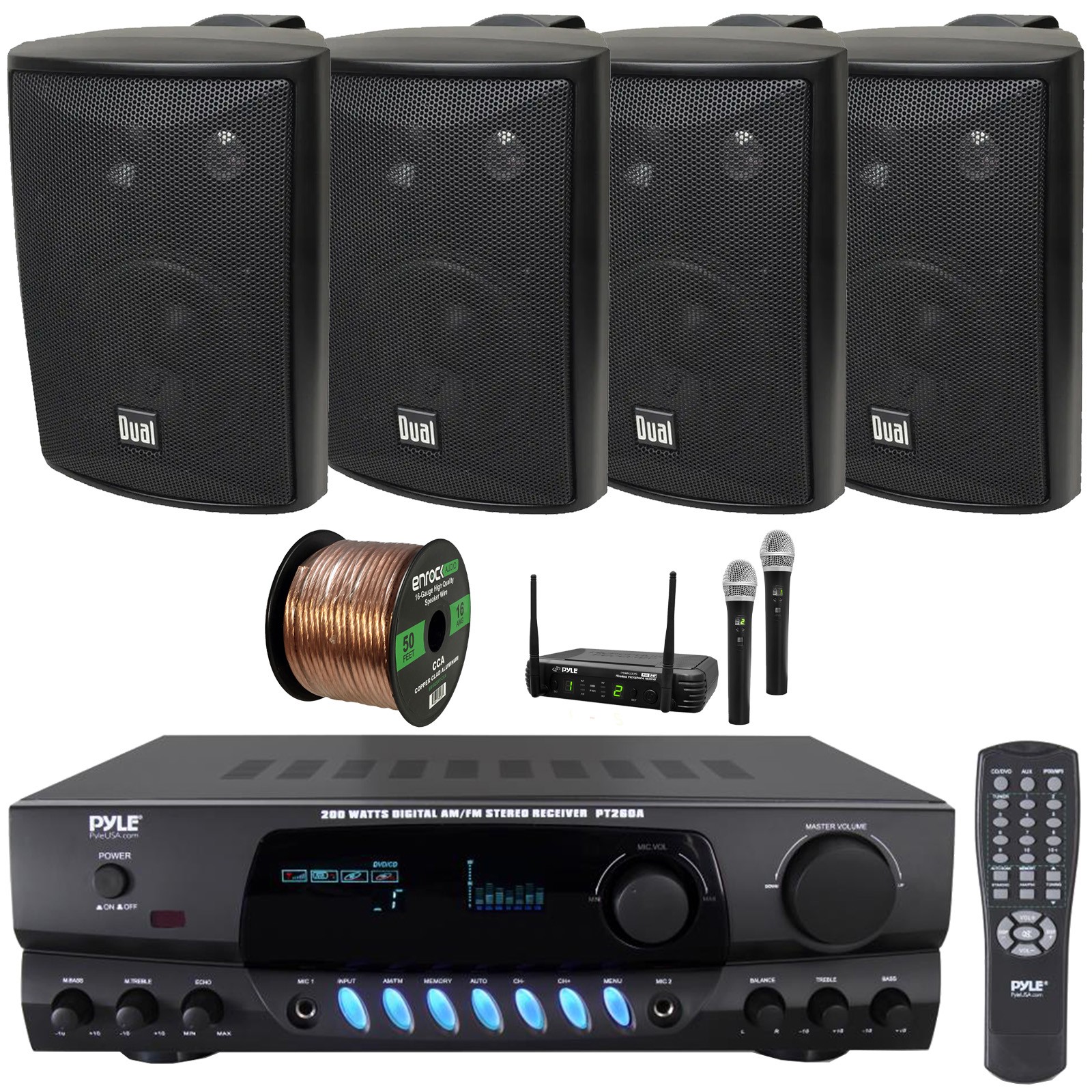 Pyle Stereo Audio 200W Receiver, 4x 4" 200W 3-Way Black Speakers, Mic System
