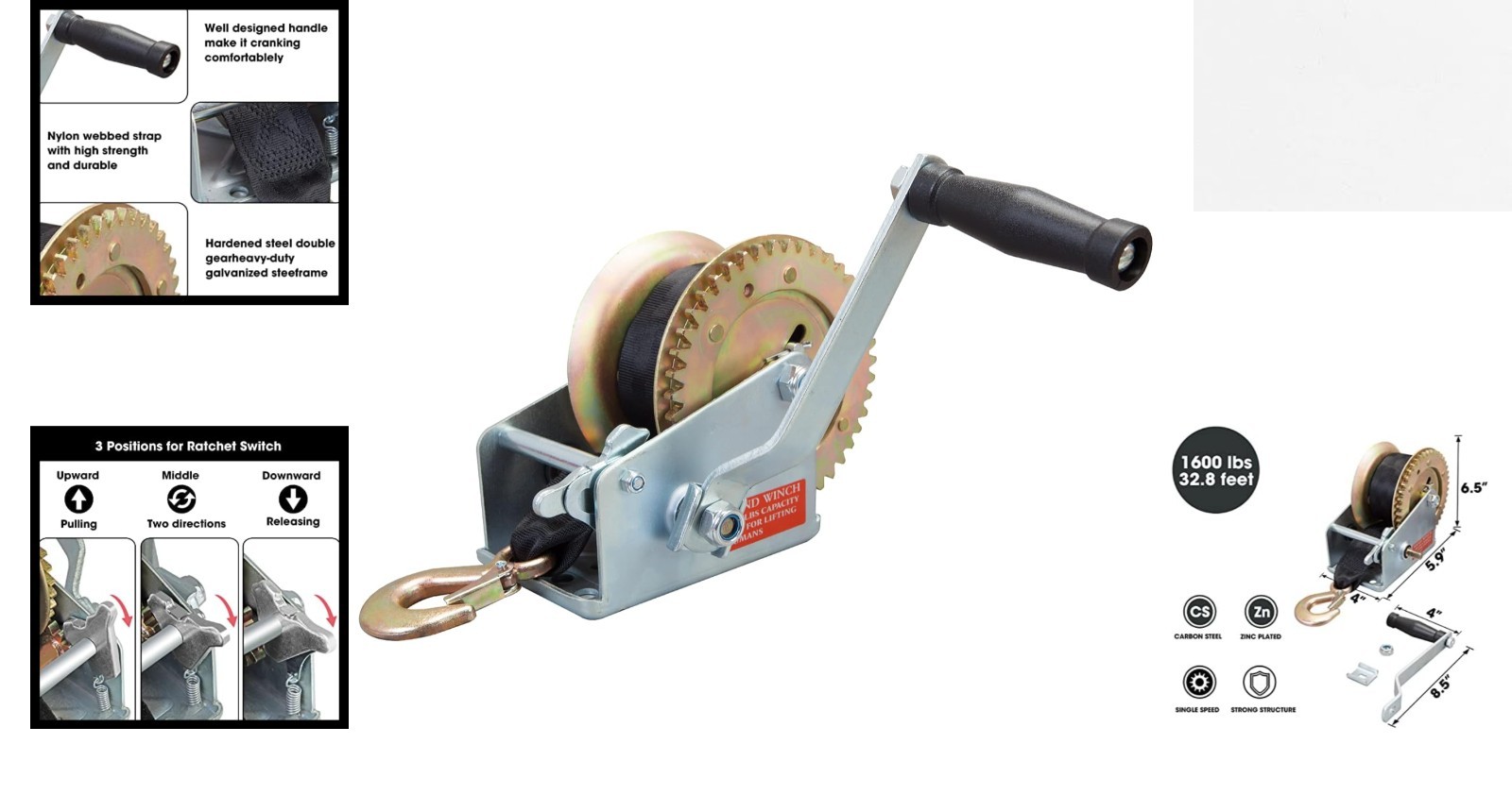 Ergonomic 1600lbs Winch with Durable Nylon Strap - Perfect for Boats & Trailers