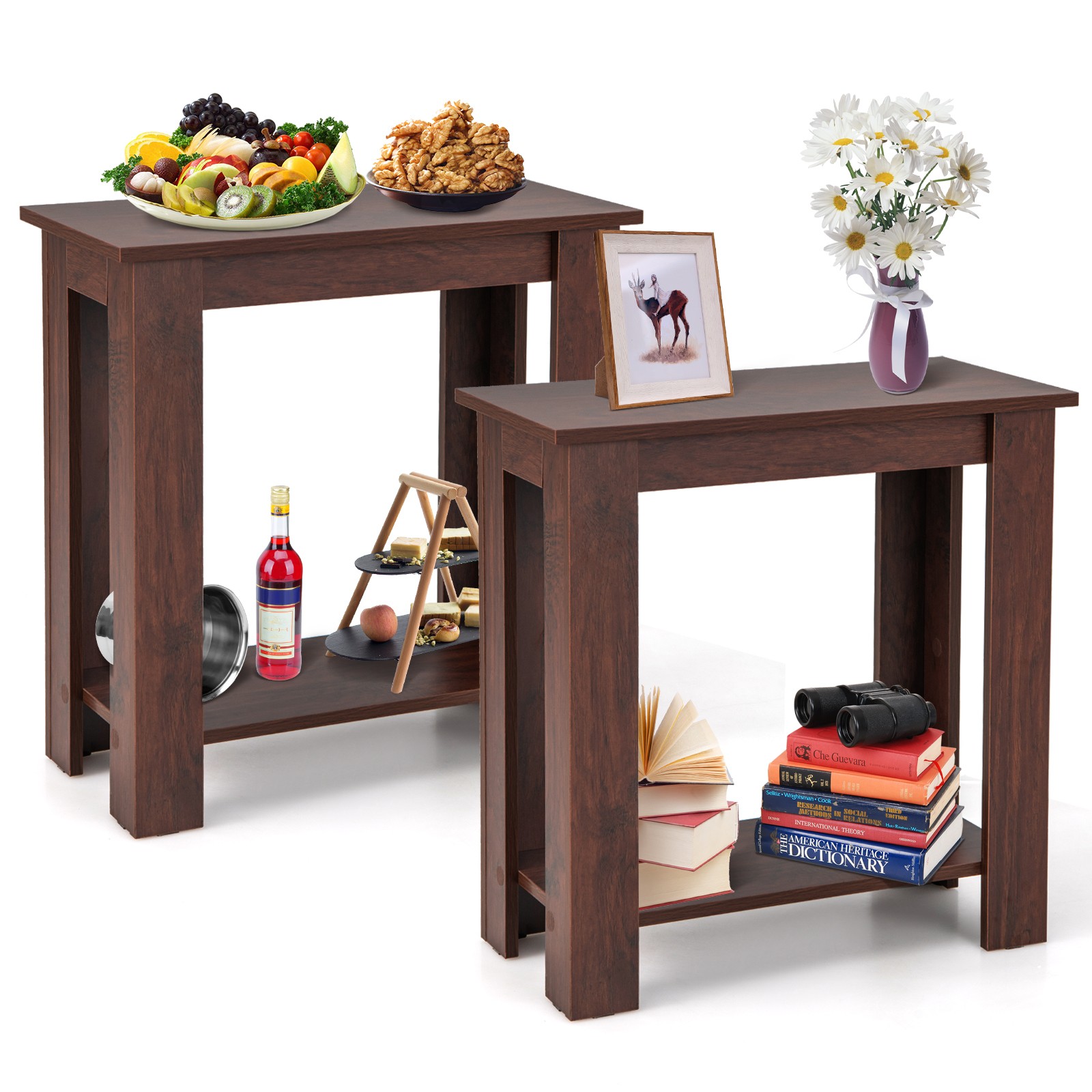 2 PCS End Table Sofa Bedside Table Compact Nightstand w/ Storage Shelf Espresso