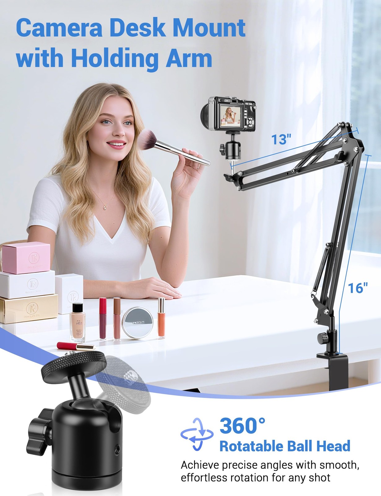 Evekea Overhead Camera Mount, Desk Mount with 360° Adjustable Black
